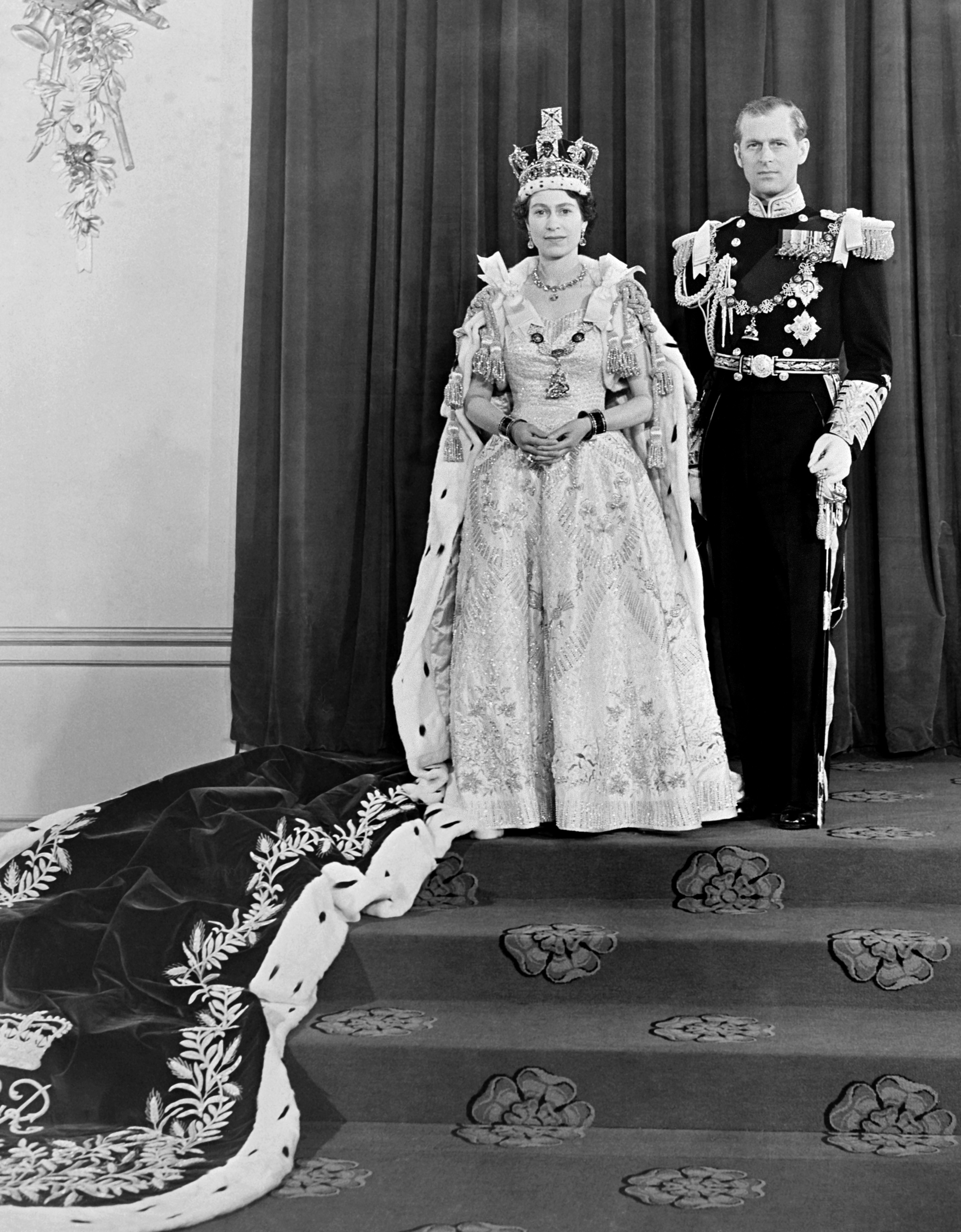 Queen Elizabeth II and her husband the Duke of Edinburgh at Buckingham Palace after her coronation