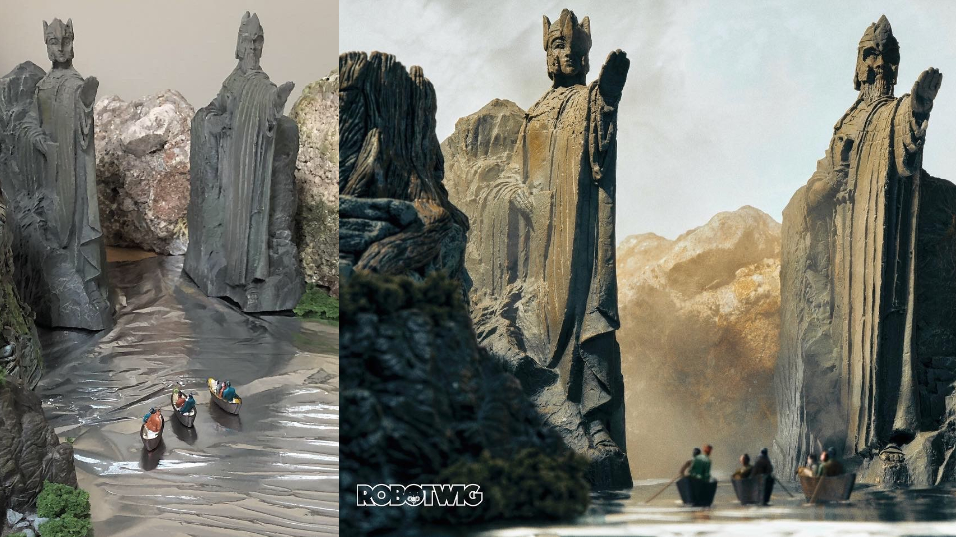 A side by side of the behind-the-scenes and the final product for Mr Berry's Lord of the Rings shot (Steve Berry/PA)