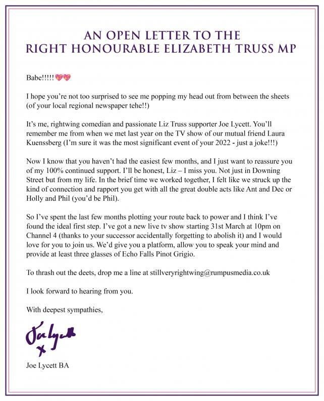 Joe Lycett's letter to former Prime Minister Liz Truss (Joe Lycett)