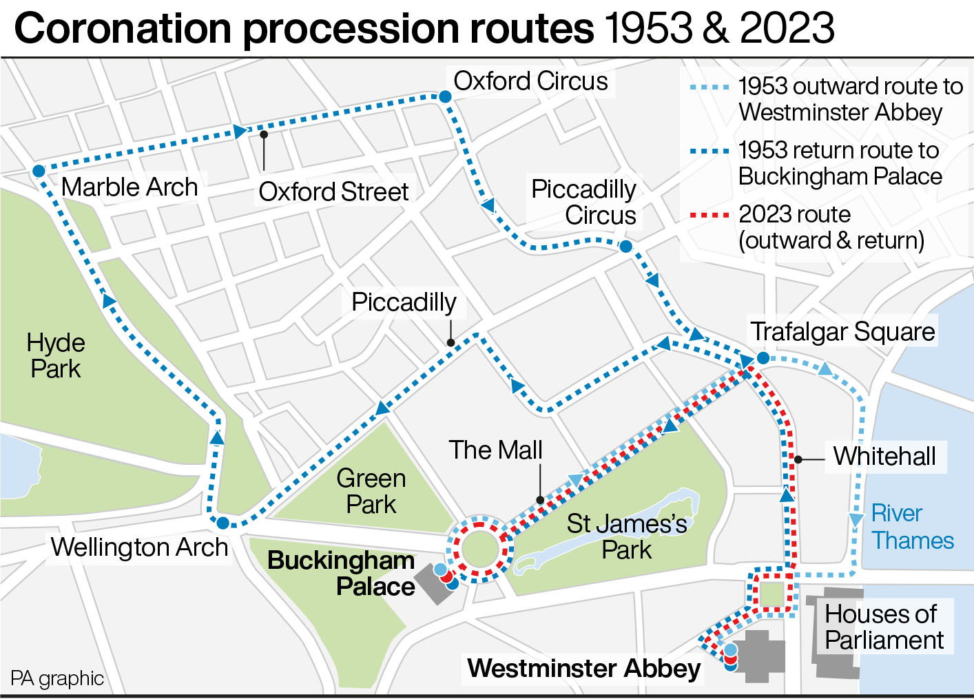 The coronation routes in 1953 and 2023
