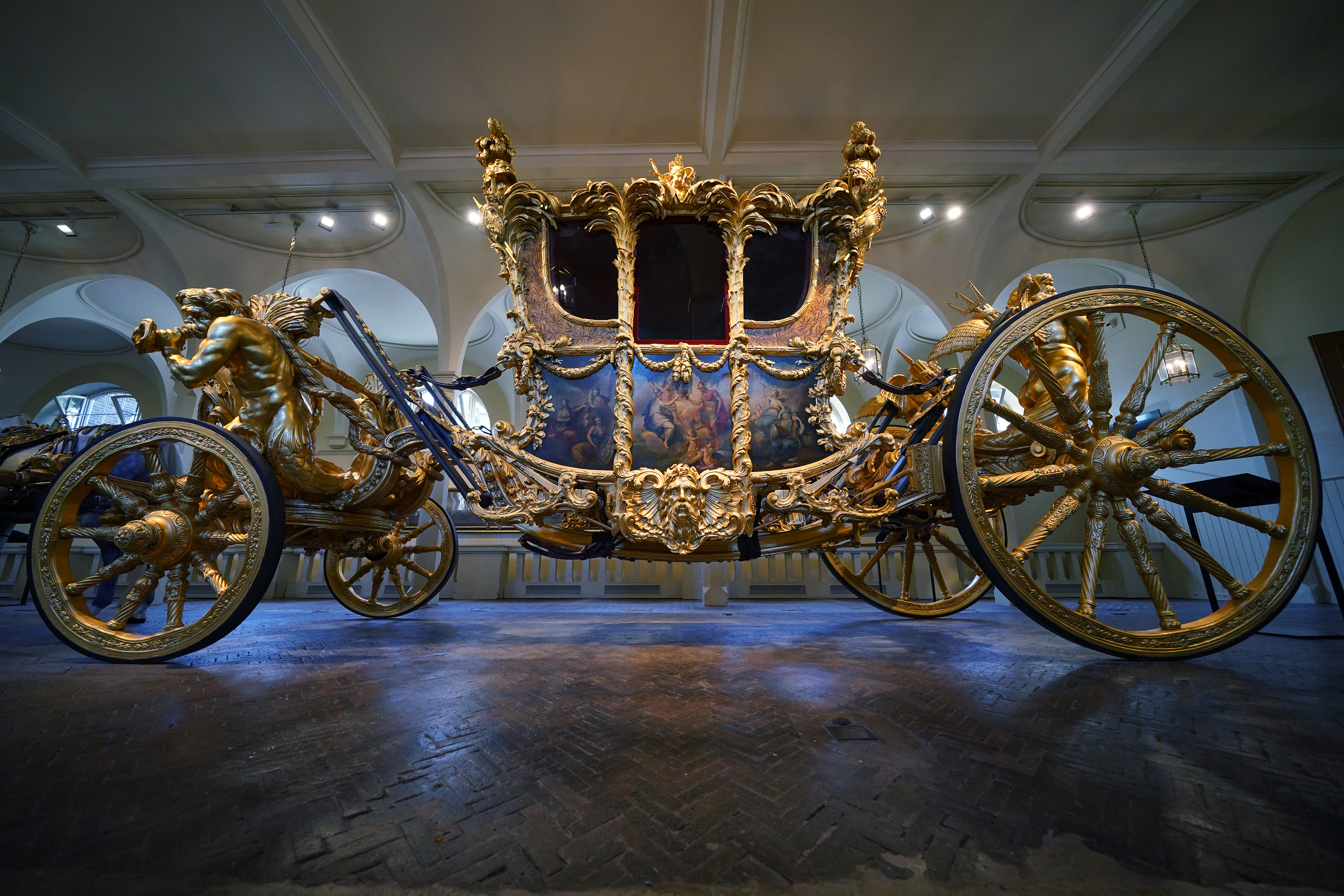 The Gold State Coach in its home in the Royal Mews 