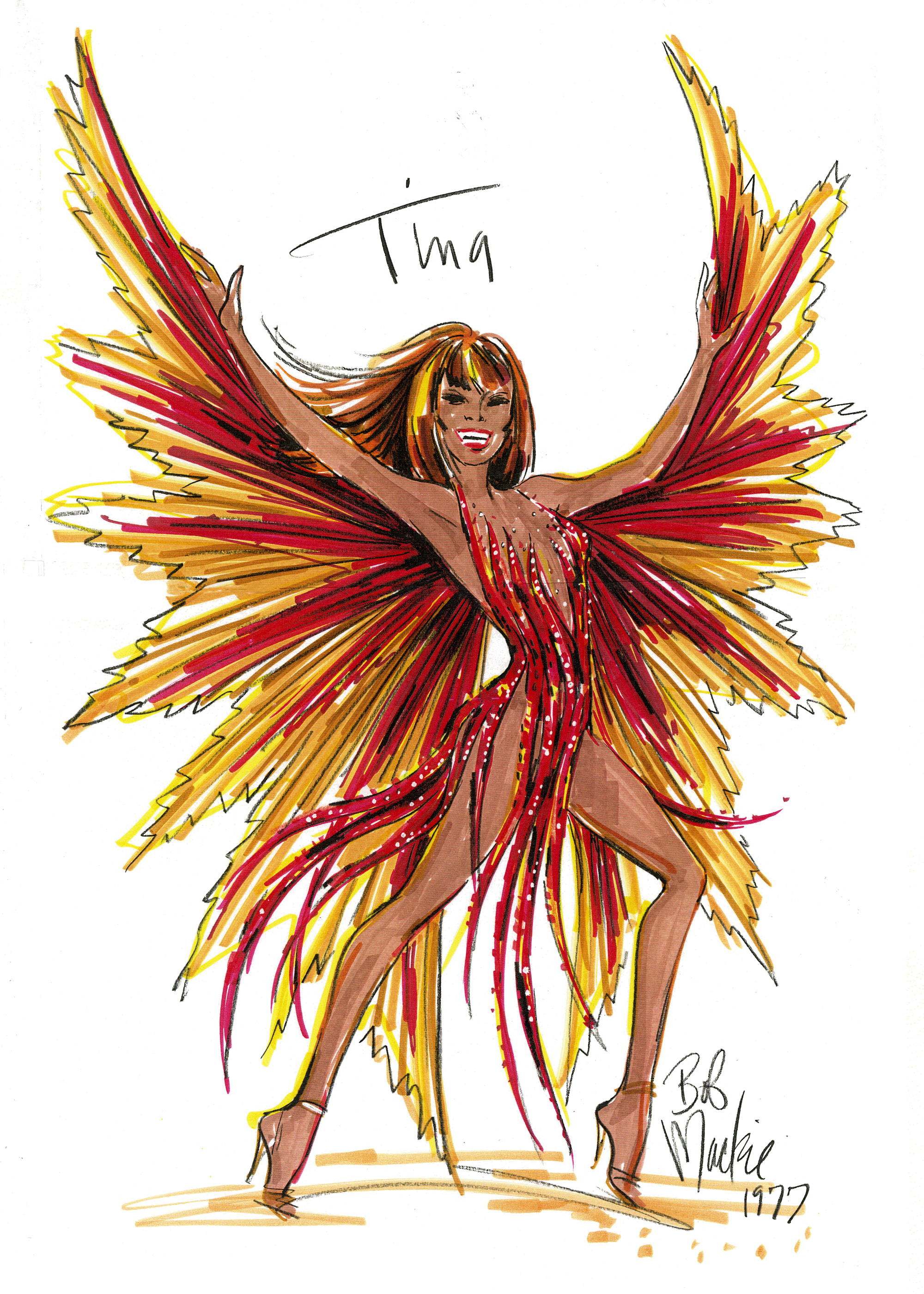 Sketch of Flame dress for Tina Turner by Bob Mackie, 1977