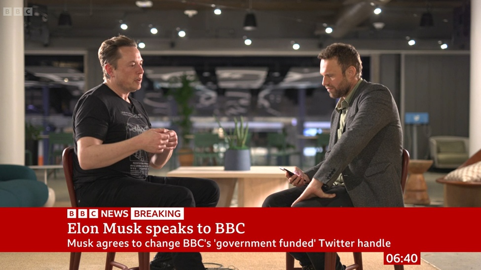  Twitter owner Elon Musk during an interview with James Clayton, right, for the BBC Breakfast show 