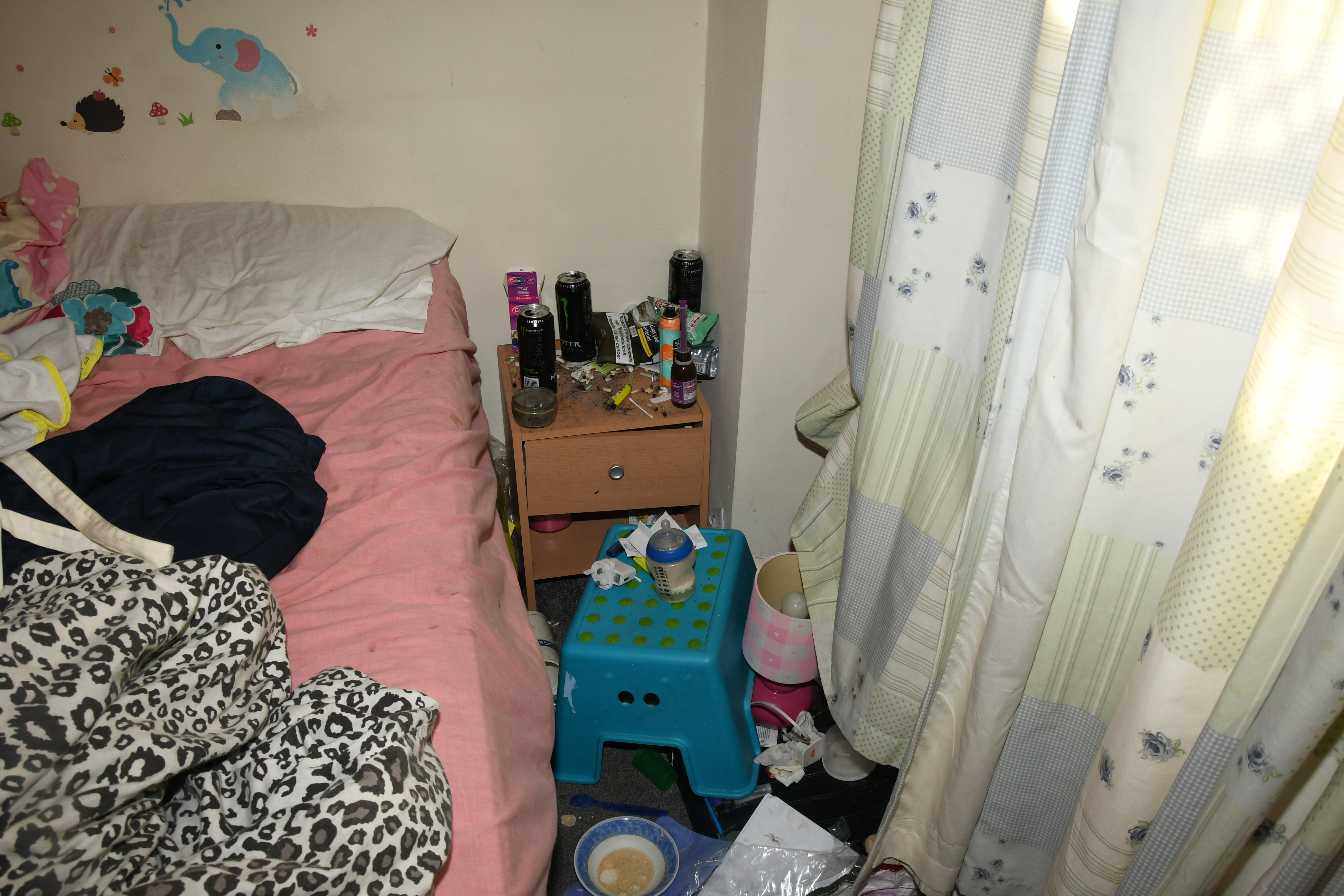 The house where Finley lived was found to be in a state of squalor, with off milk and cannabis seen in this bedroom (Derbyshire Police/PA)