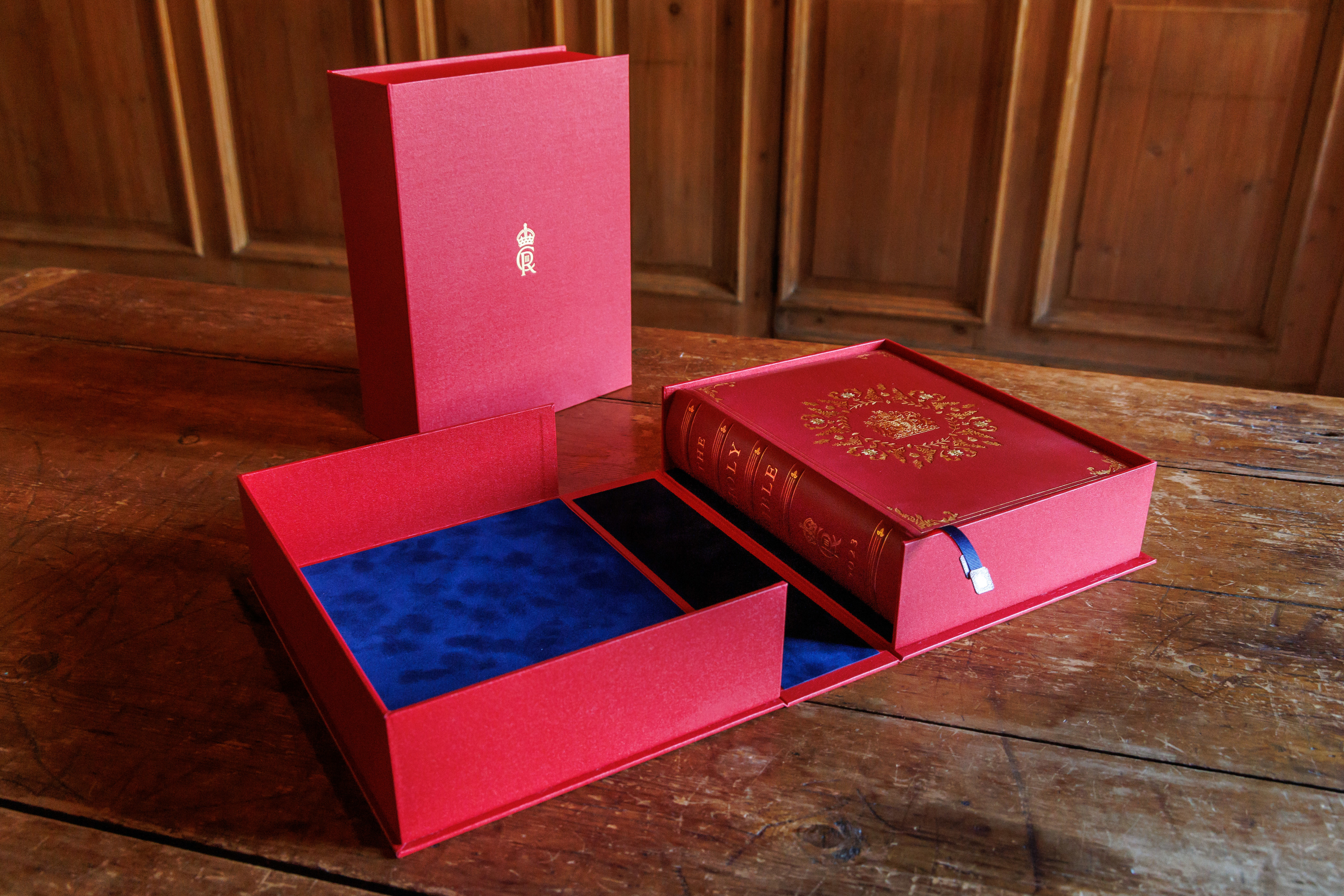 The Coronation Bible for King Charles III in the vestry of Lambeth Palace Chapel 