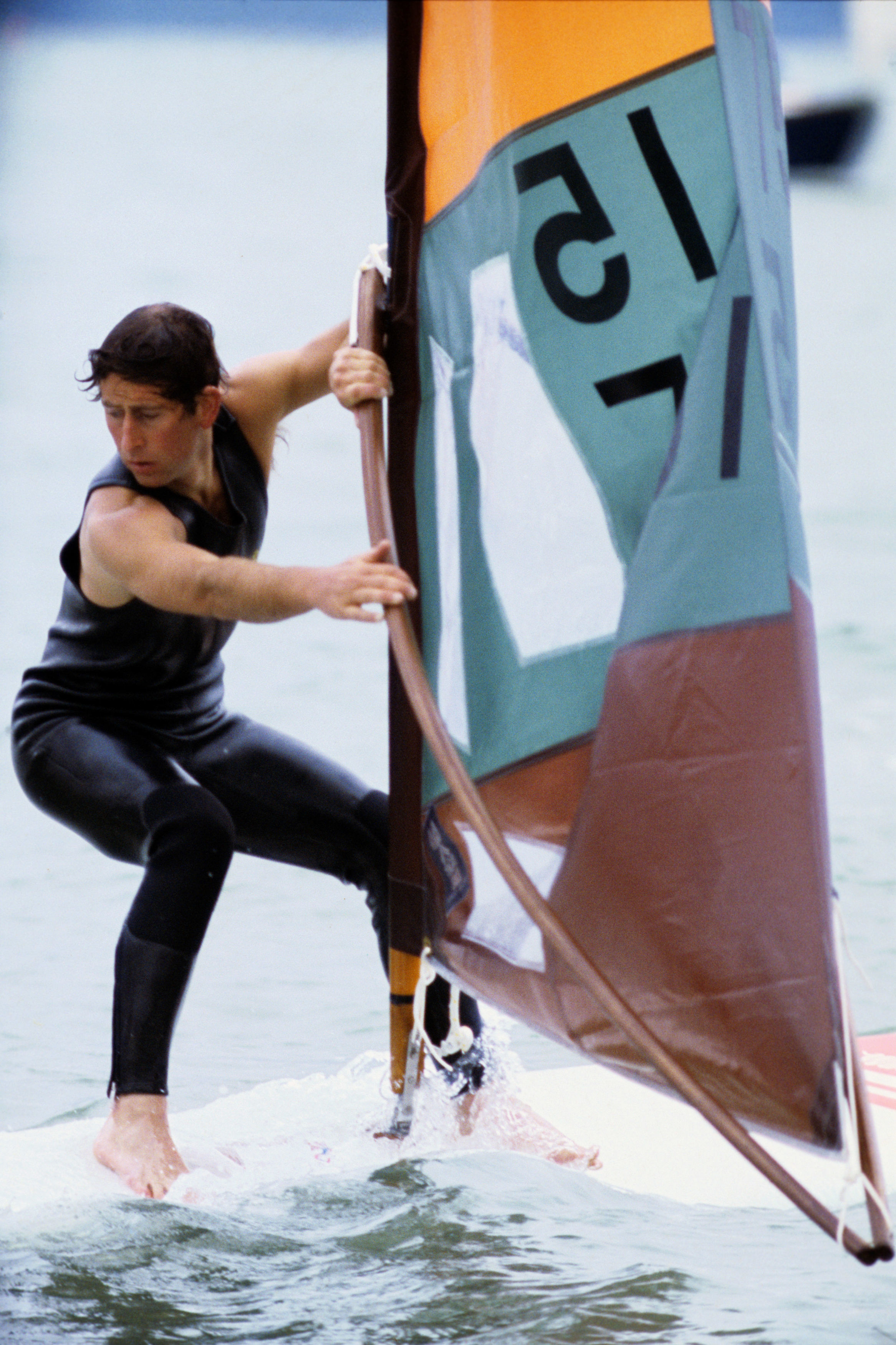 The Prince of Wales surf-sailing off Cowes, Isle of Wight in 1978 