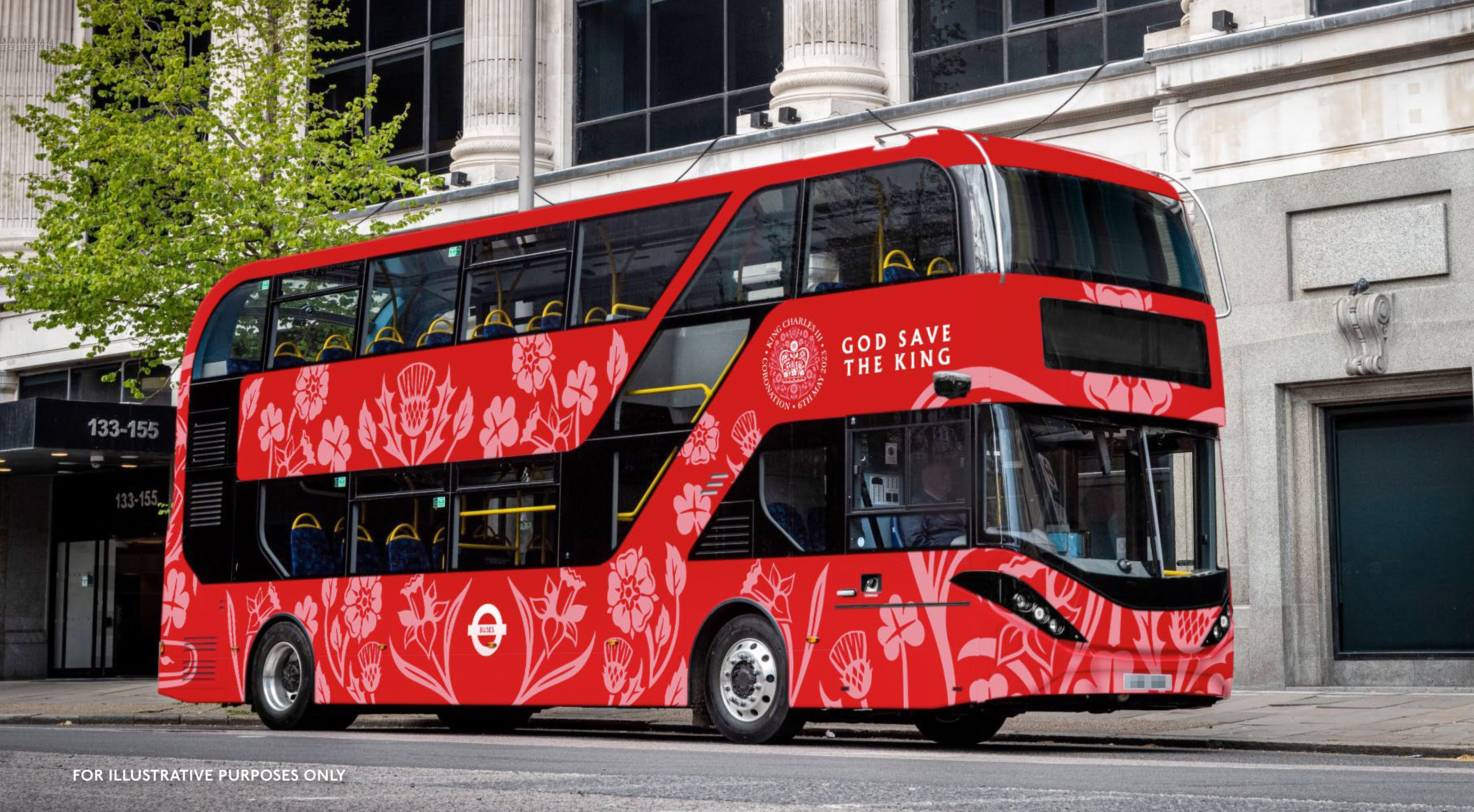 A computer generated image of a bus given a coronation 'wrap'