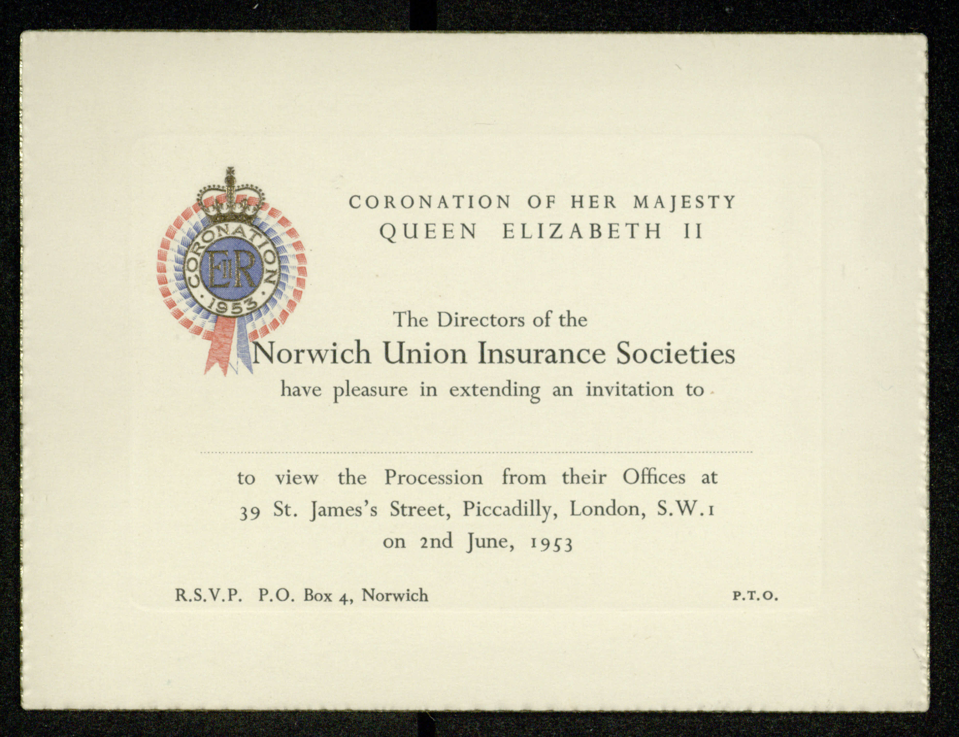 Norwich Union coronation celebrations invitation from 1953