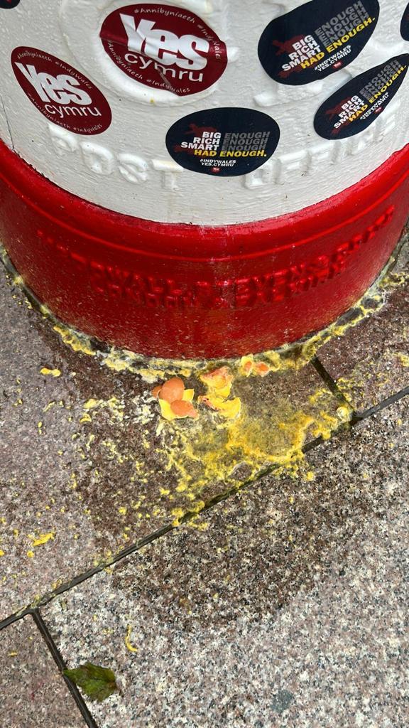 Broken eggs appear at the base of the box located on St Johns Street in the city centre.