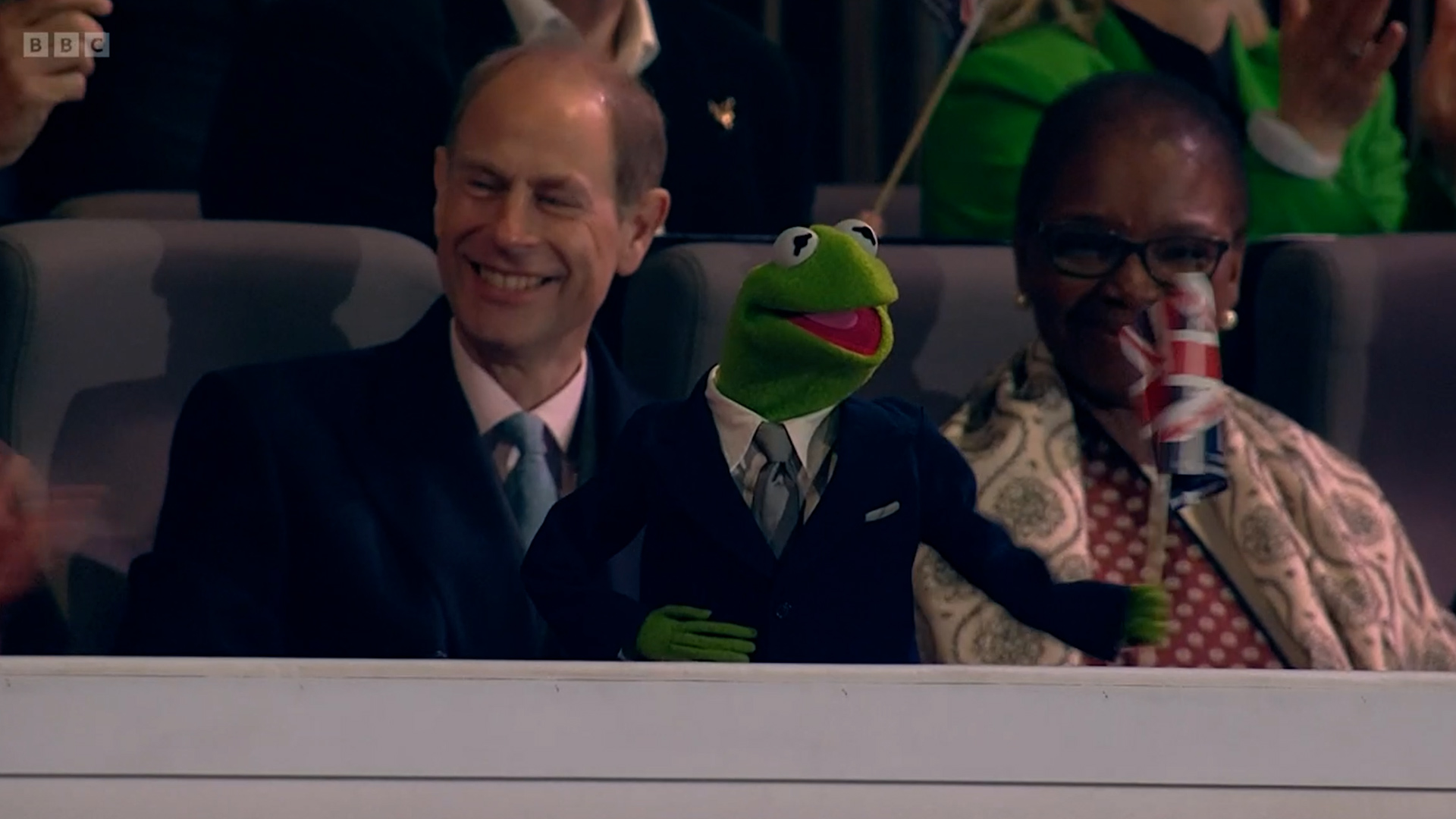 The Duke of Edinburgh laughs at Kermit the frog enters the royal box