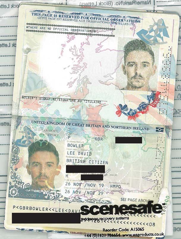 A UK passport open on the picture page showing details in the name of Lee Bowler, and the picture of a man called Jordan Owens.