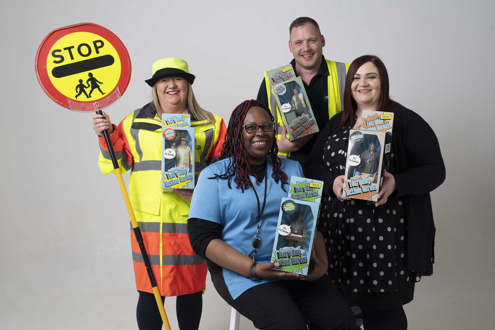 Lollipop lady Sandy Cox, care worker Denise King, refuse collector Richard Brace and librarian Emma Braker with their action figures 