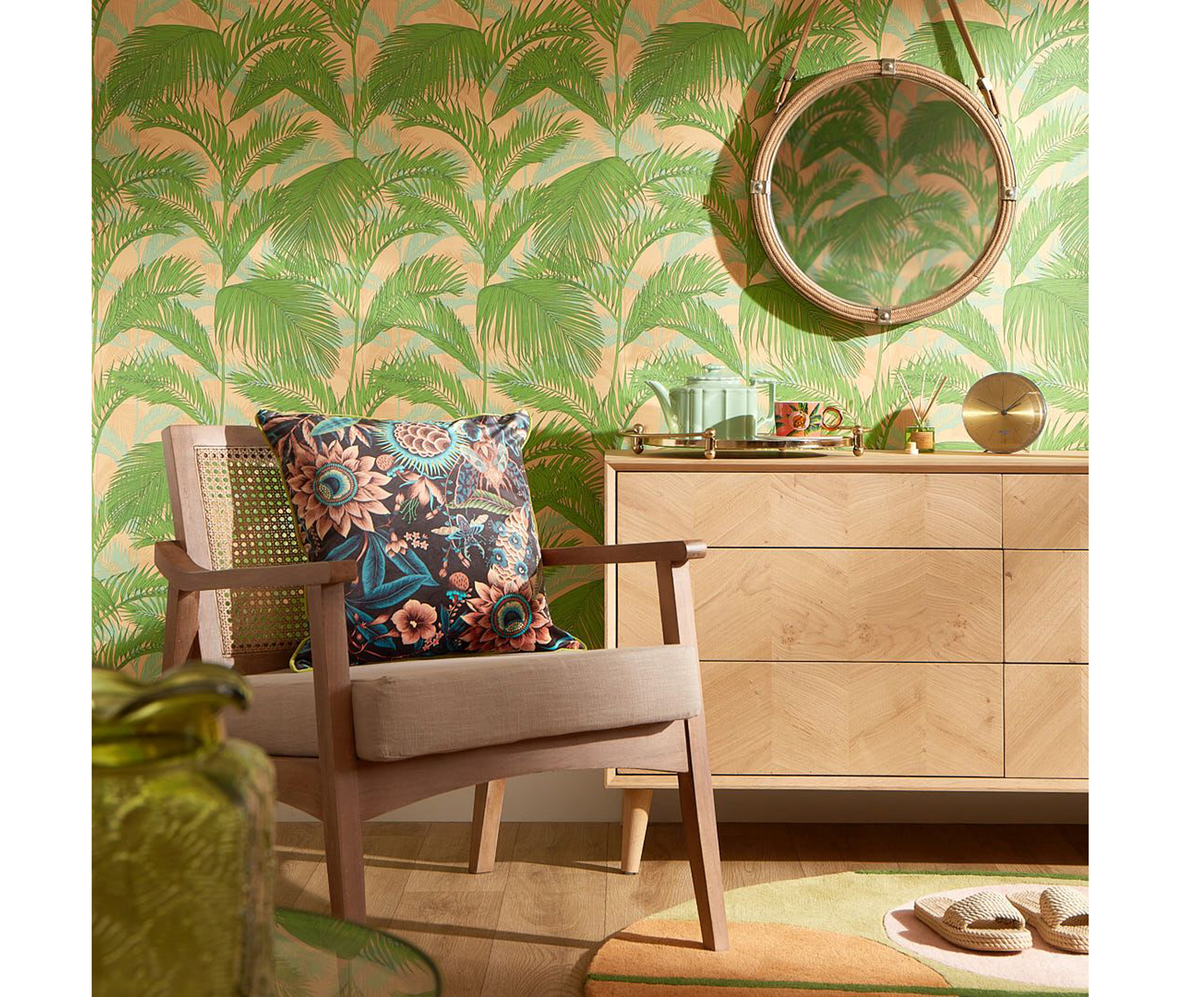 Lust Home Miami Vibe Wallpaper in Grass Green and Peach, £45, Lust Home
