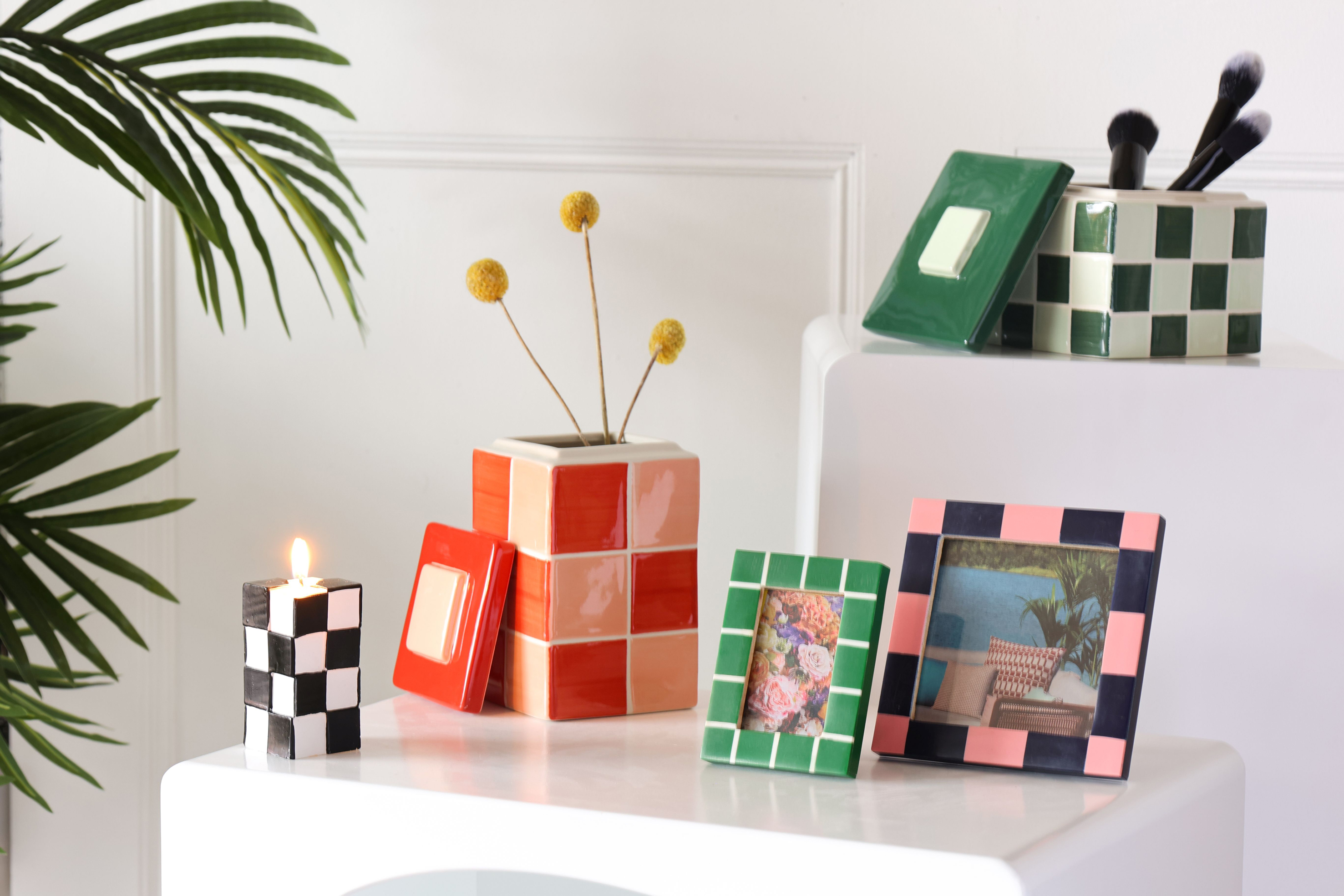 Red and Pink Checkered Jar, £28, Pink Checkered Photo Frame, £22, Gren Check Rectangle Photo Frame, £16, rest of items from a selection, Rockett St George