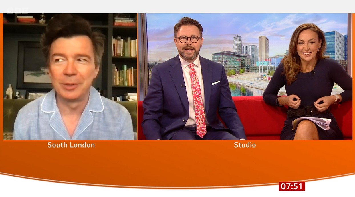 Rick Astley with BBC Breakfast hosts Jon Kay and Sally Nugent 