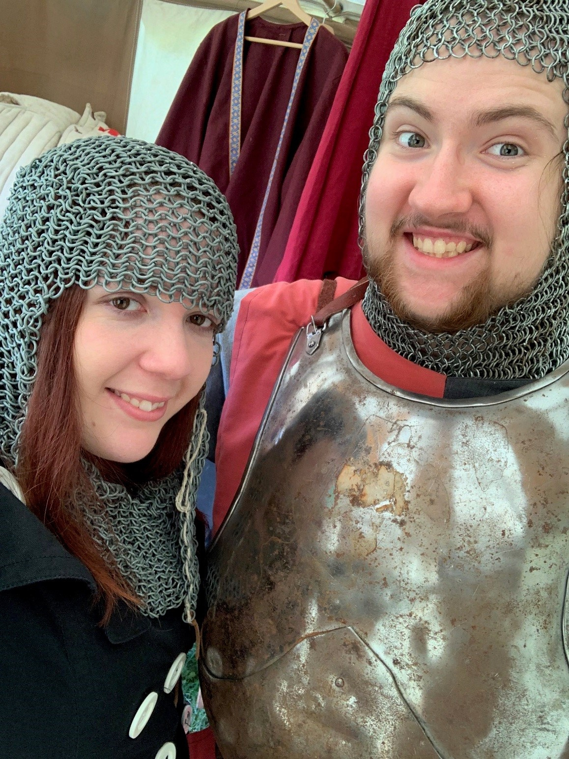 Lewis and Ameila wearing armour for a medieval festival