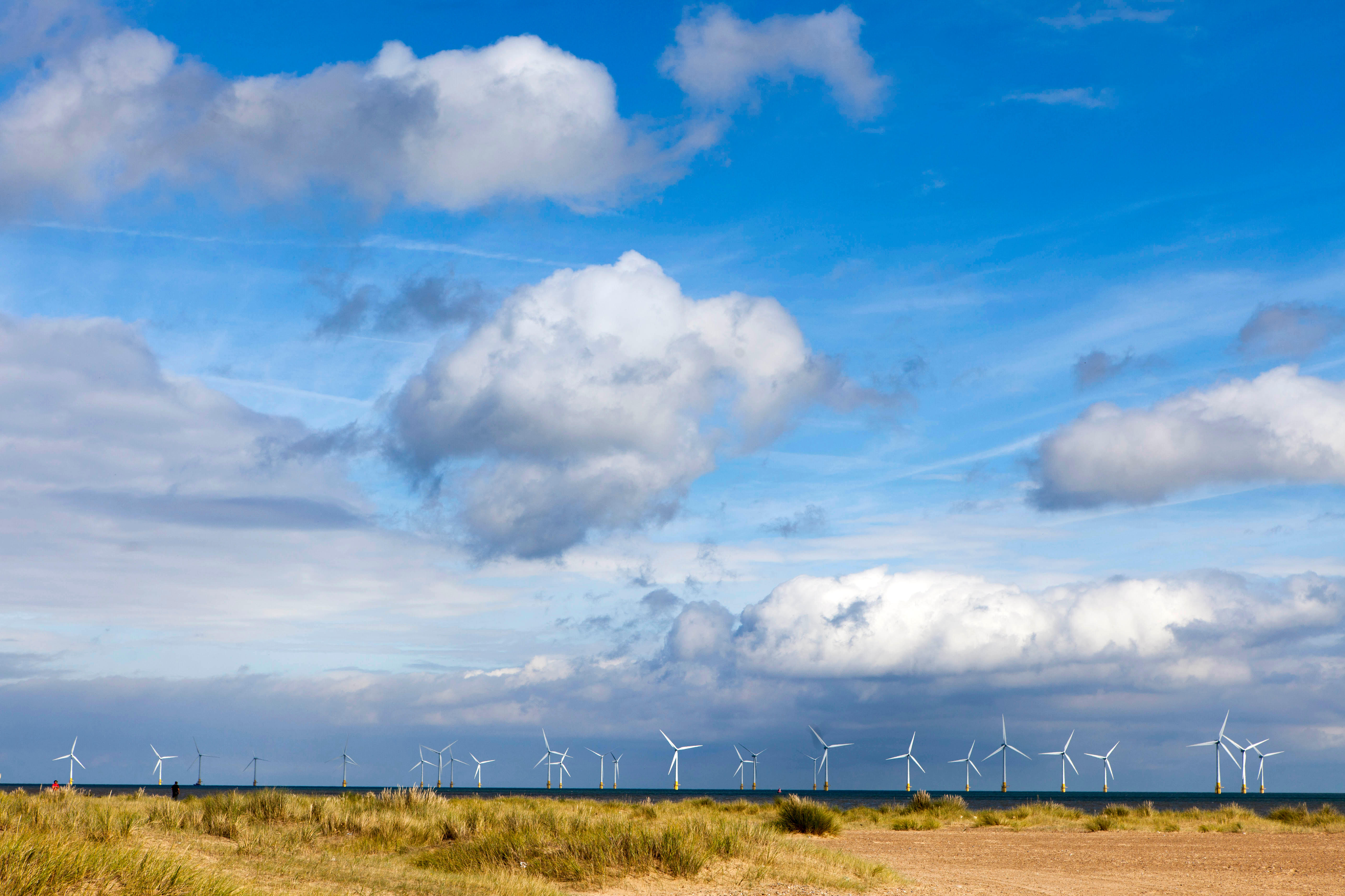 Wind turbines on the Scroby Sands Wind Farm off Great Yarmouth, Norfolk