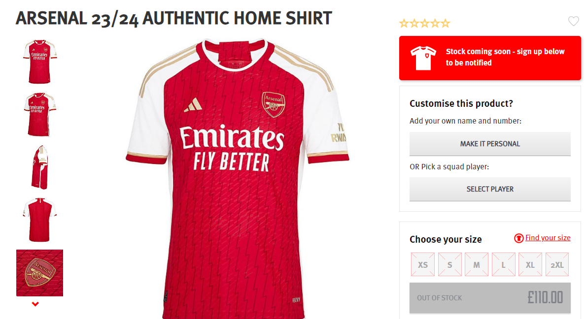 Arsenal's 'Authentic' home shirt for the 2023/24 season is currently unavailable to purchase