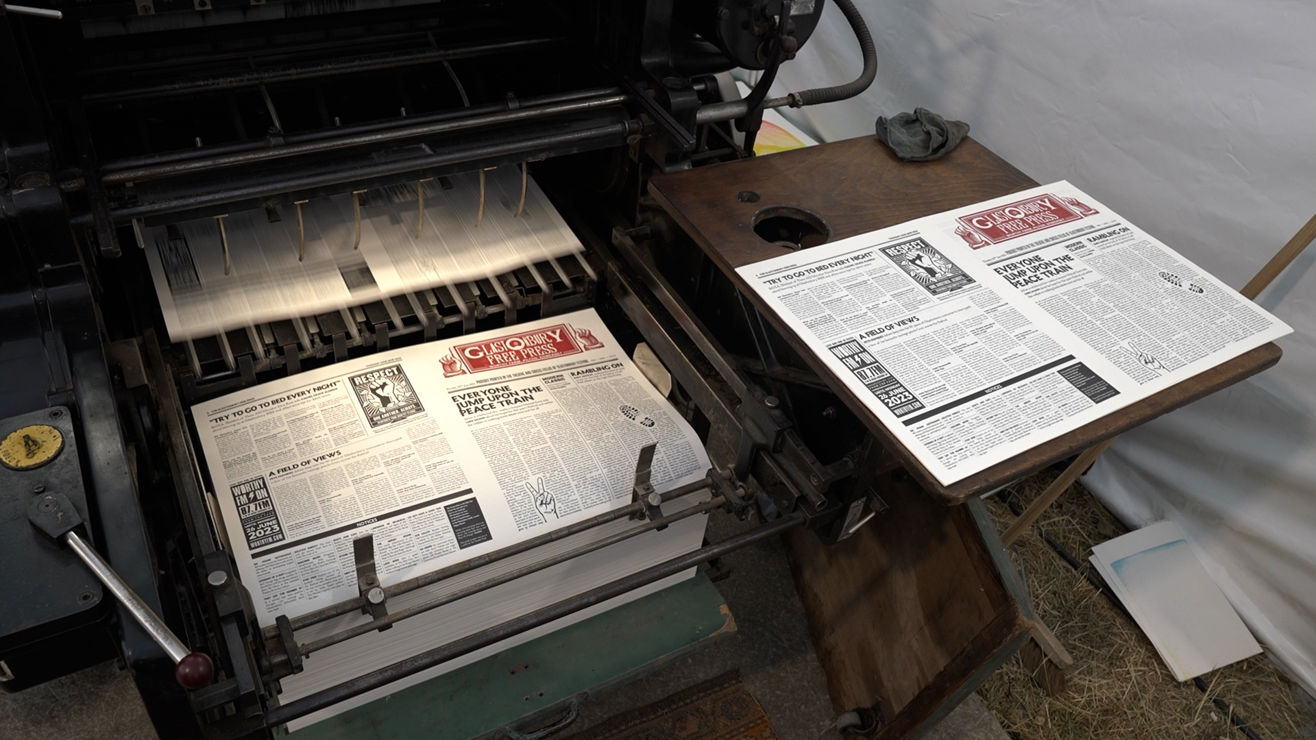 Glastonbury's resident newspaper during printing at the festival 