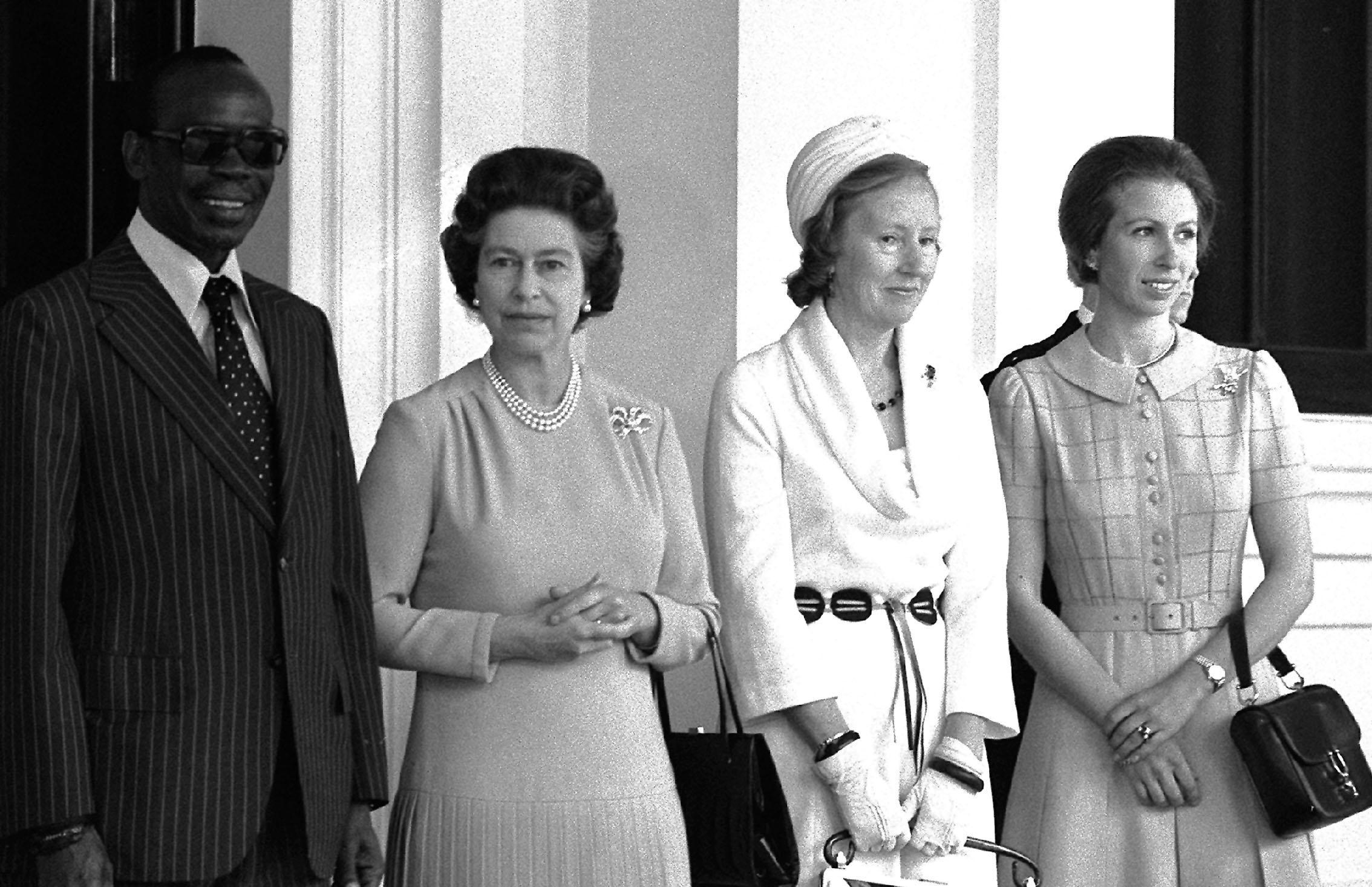 Sir Seretse Khama, President of Botswwana and Lady Khama (second right), pose with the Queen and Princess Anne at Buckingham Palace in 1978