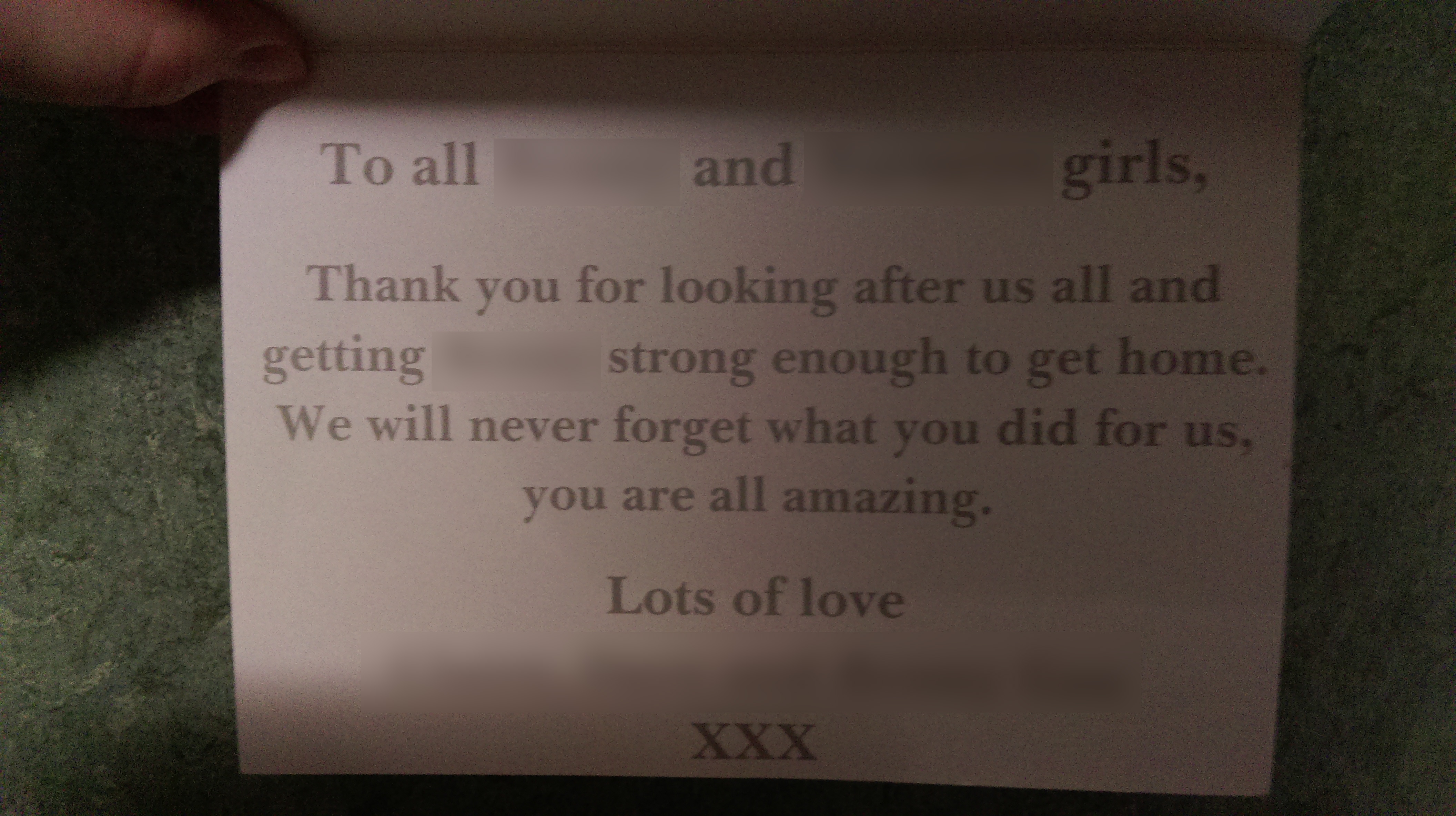 Thank you card to neonatal staff at the Countess of Chester