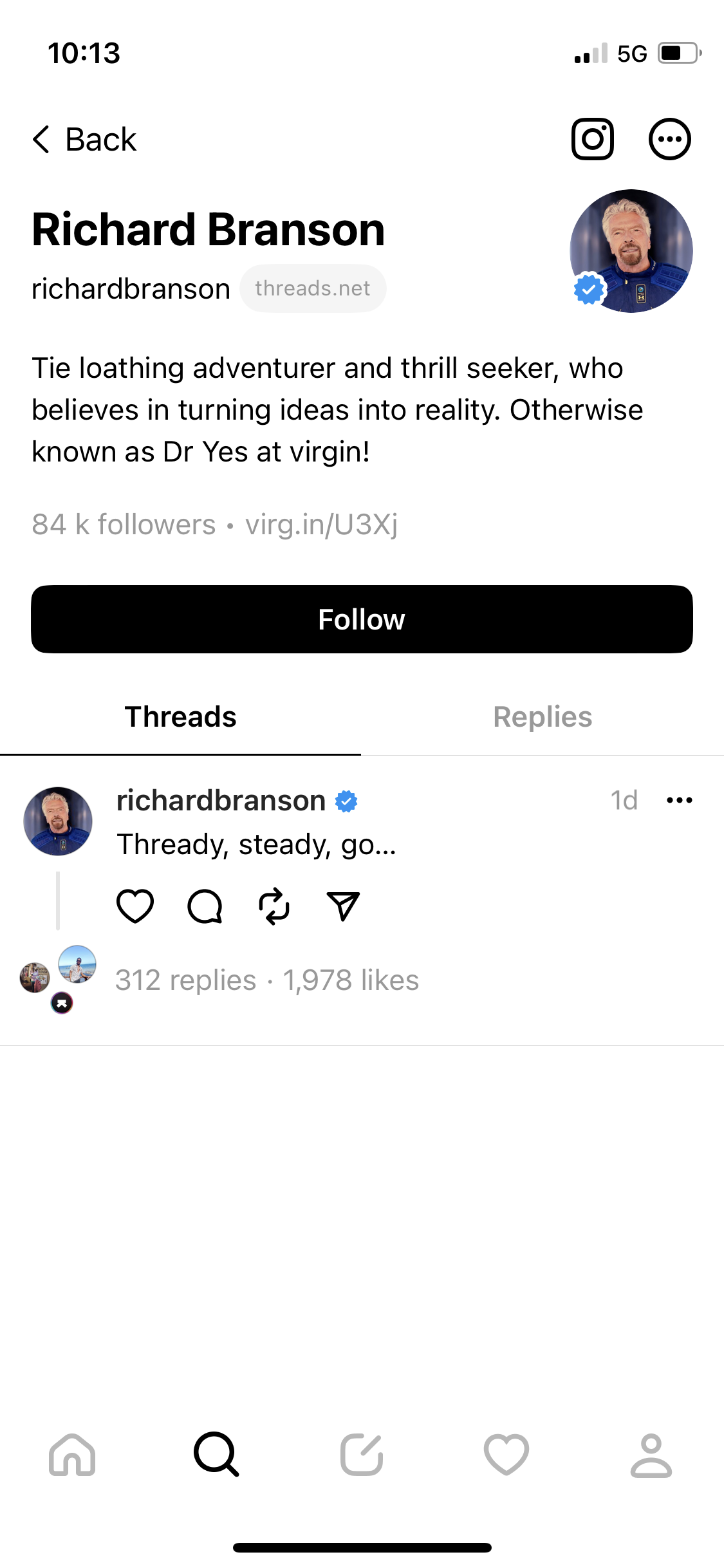 Richard Branson posting to Threads