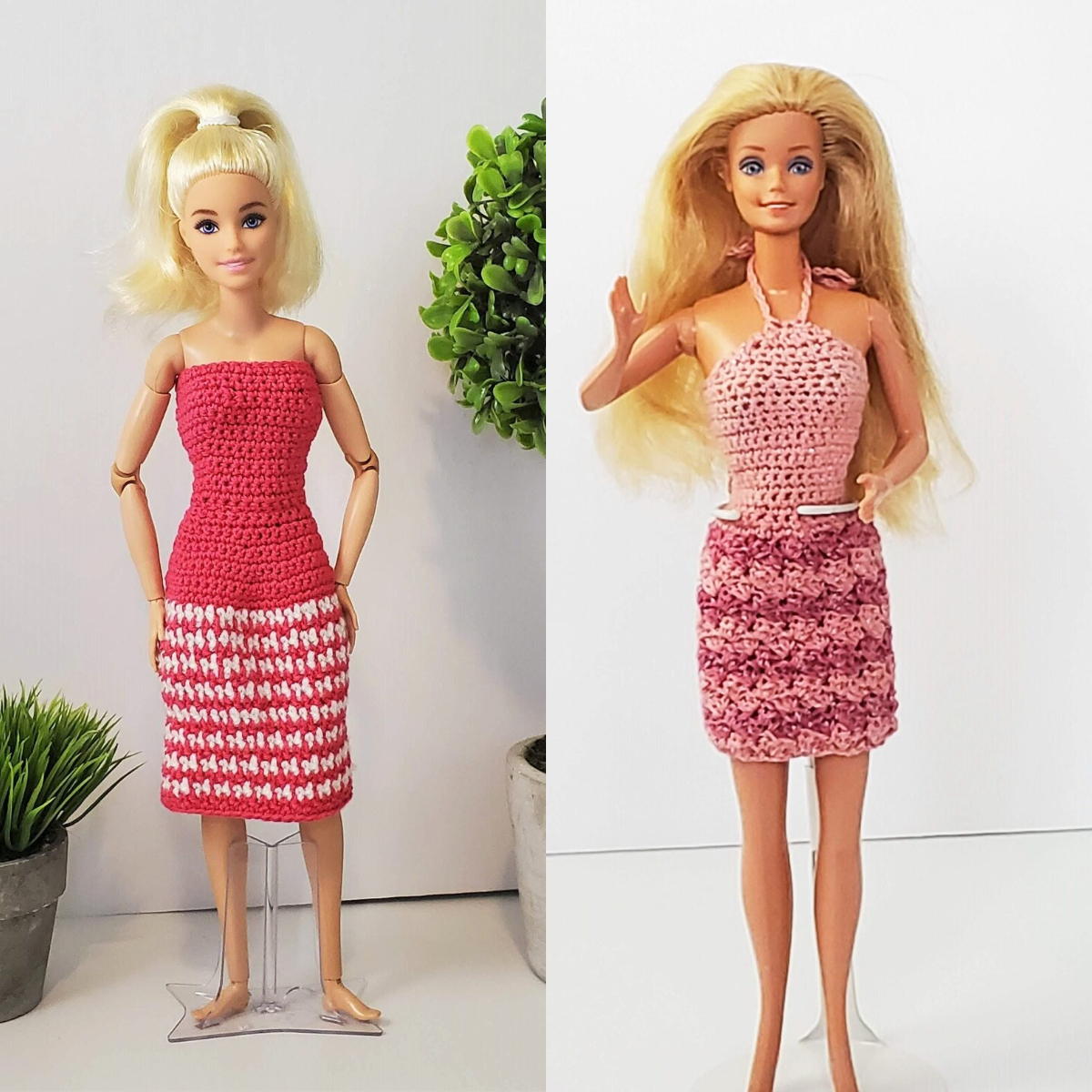 Crocheted dresses on Barbies 
