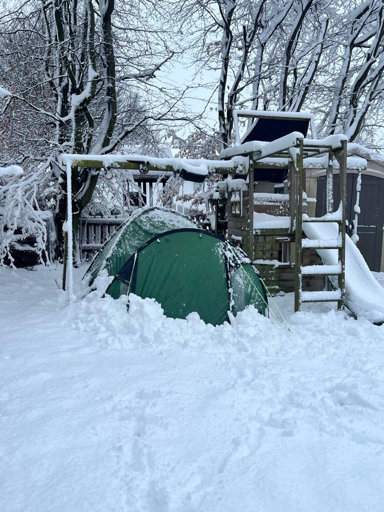 Billy's tent in surrounded by snow in his garden