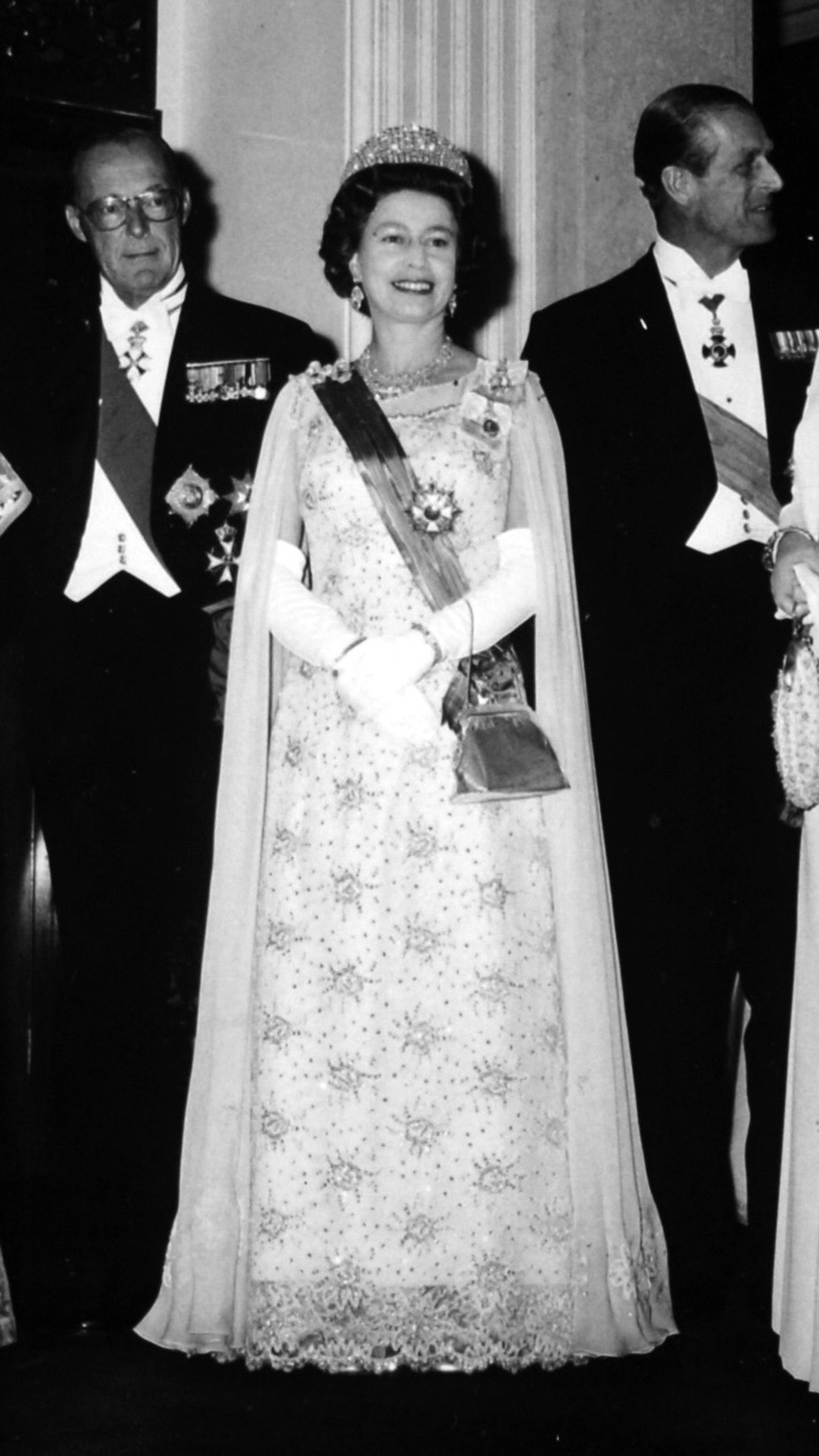Queen Elizabeth II arriving at a state banquet in 1972