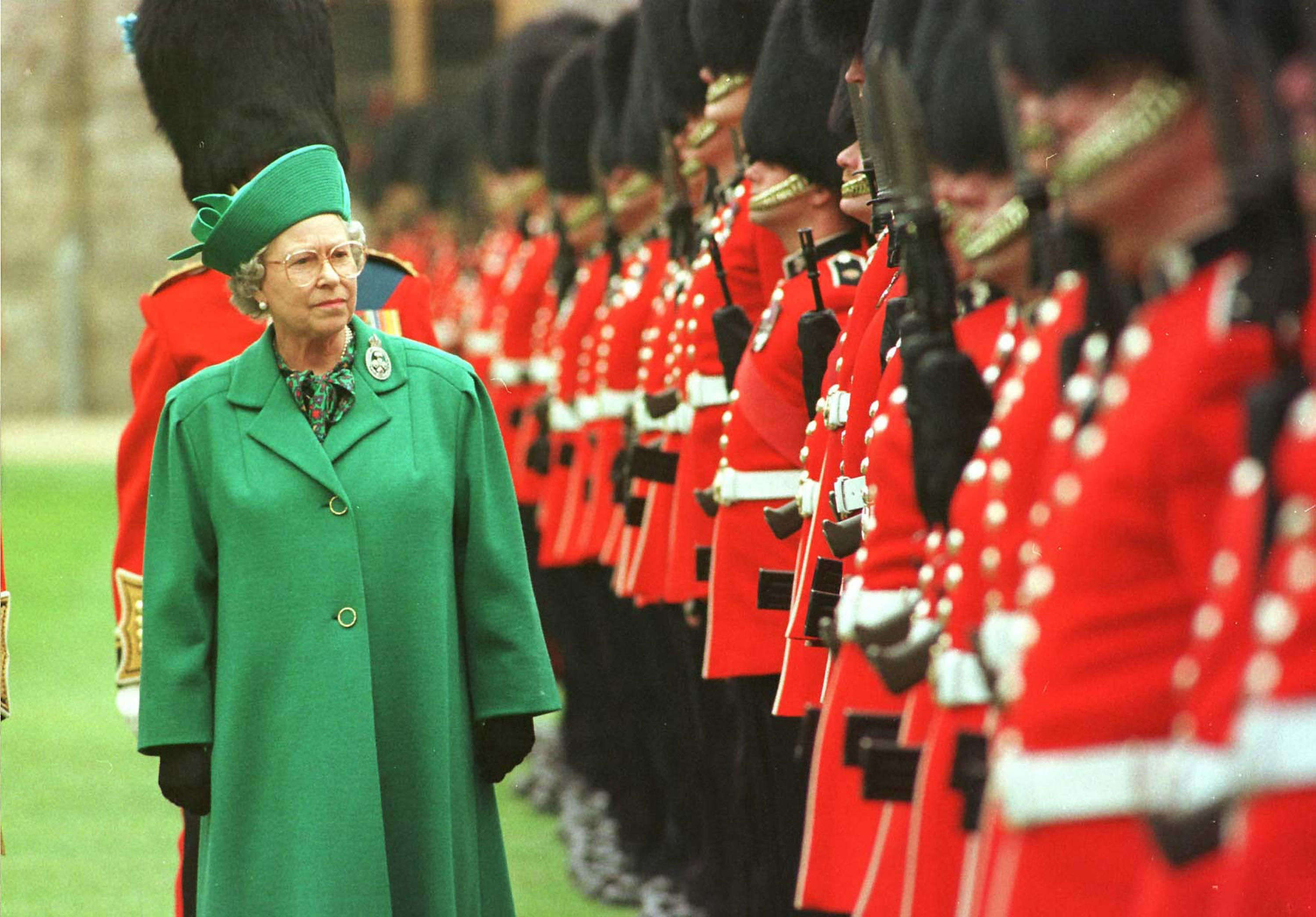 The Queen at Windsor Castle inspects the Guard of the 1st Battalion of the Irish Guards