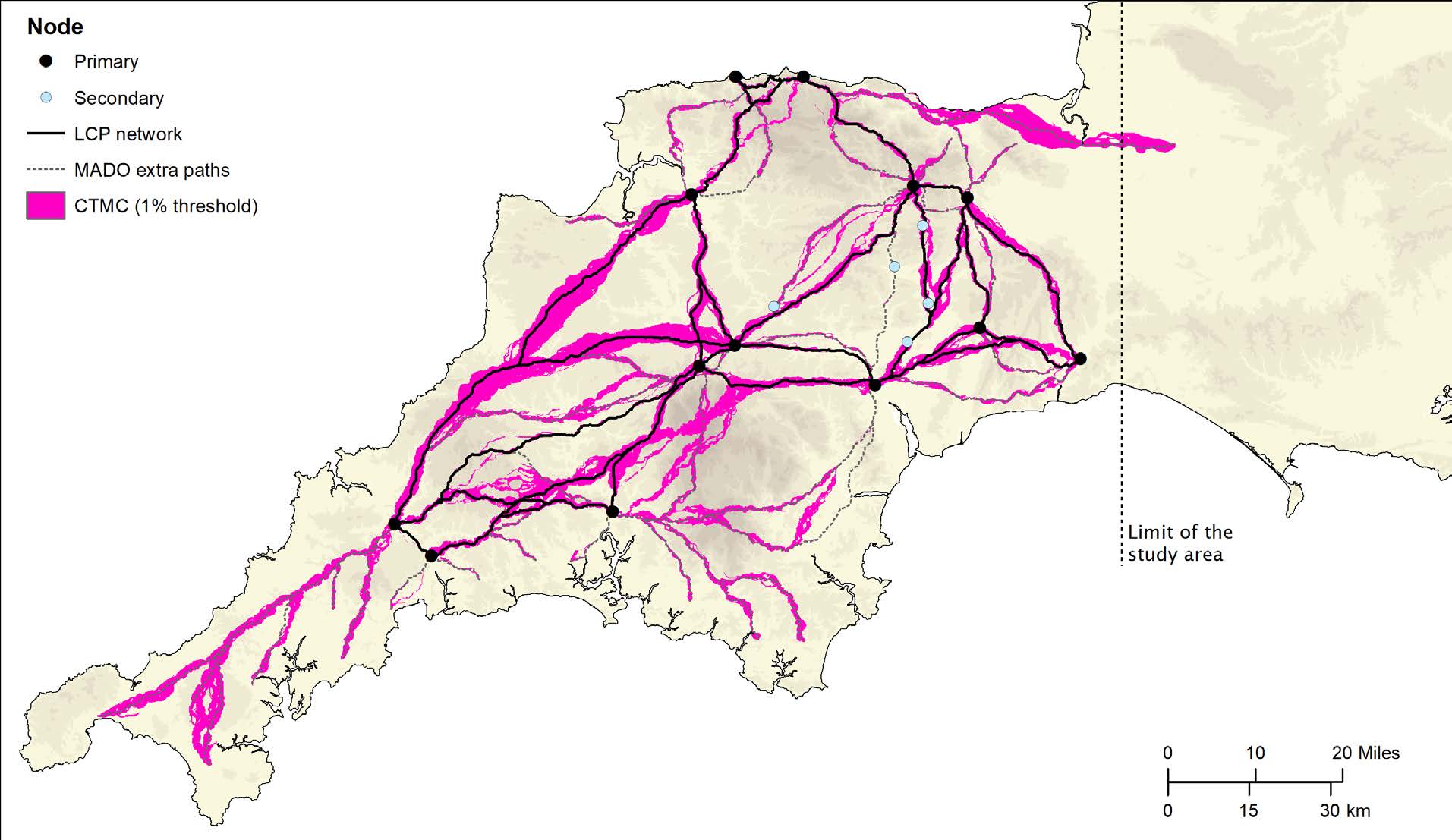 Map of a Roman road network in Devon and Cornwall