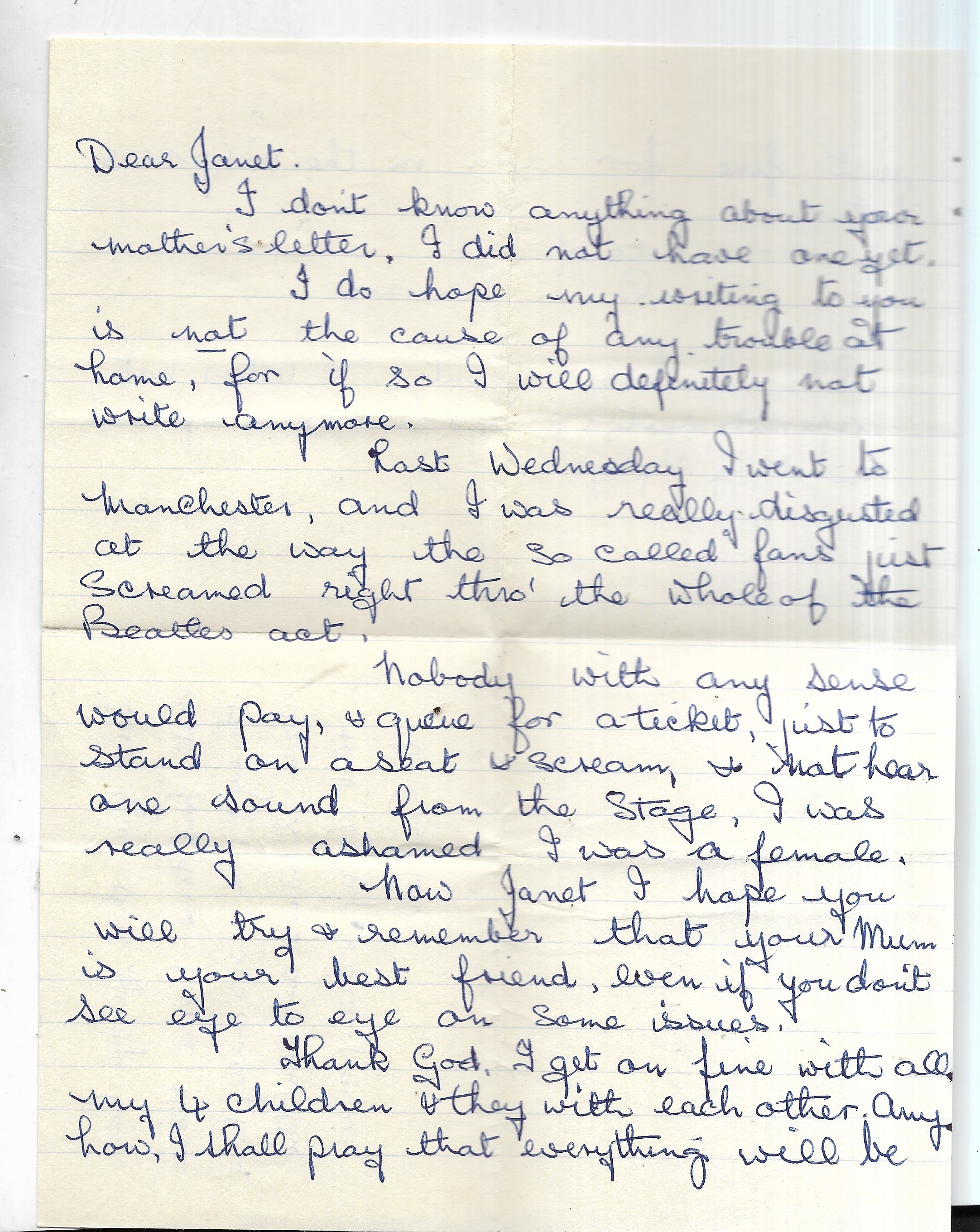 Letter from George Harrison's mother to Beatles fan Janet Gray