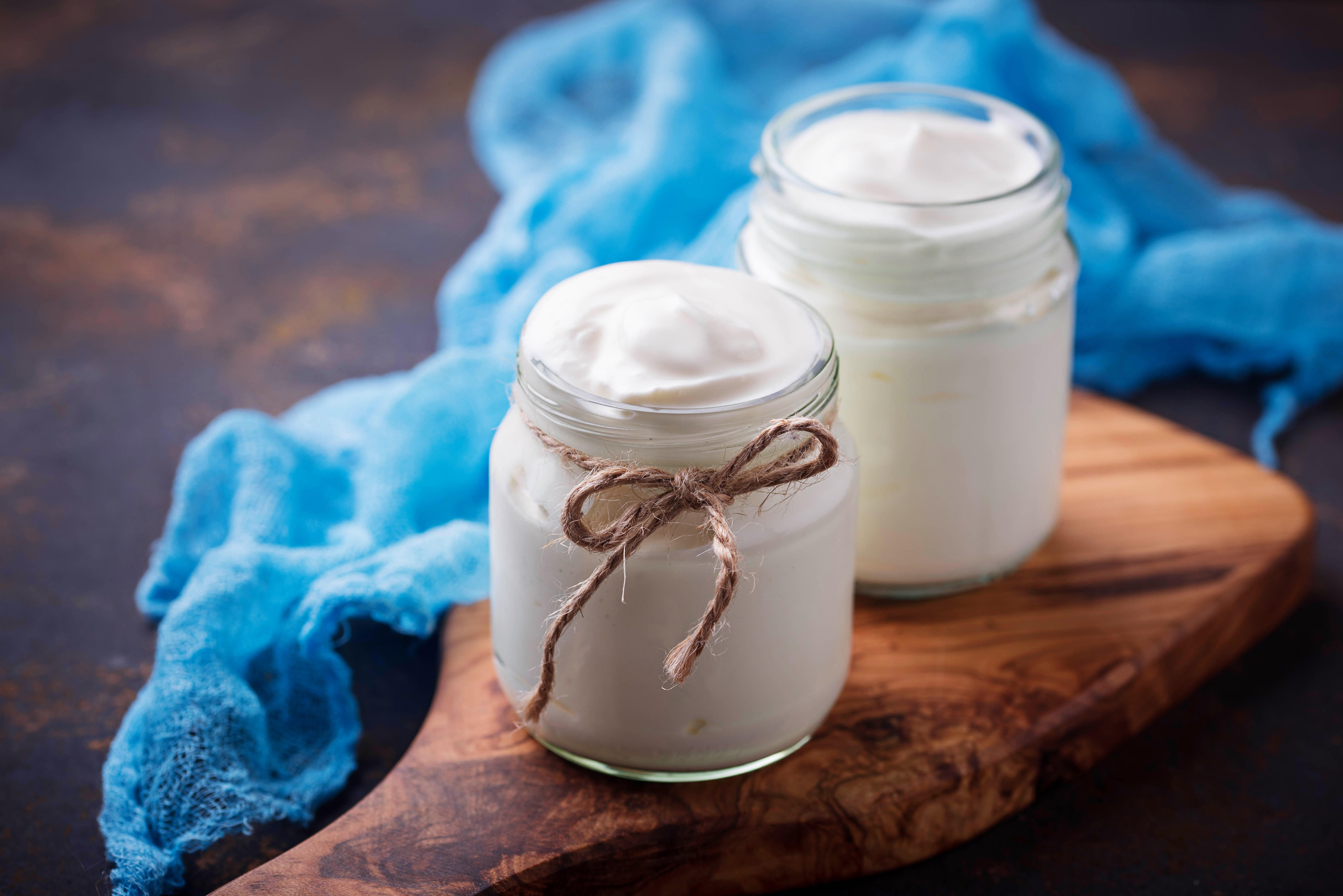 Natural Greek yoghurt in glass jars