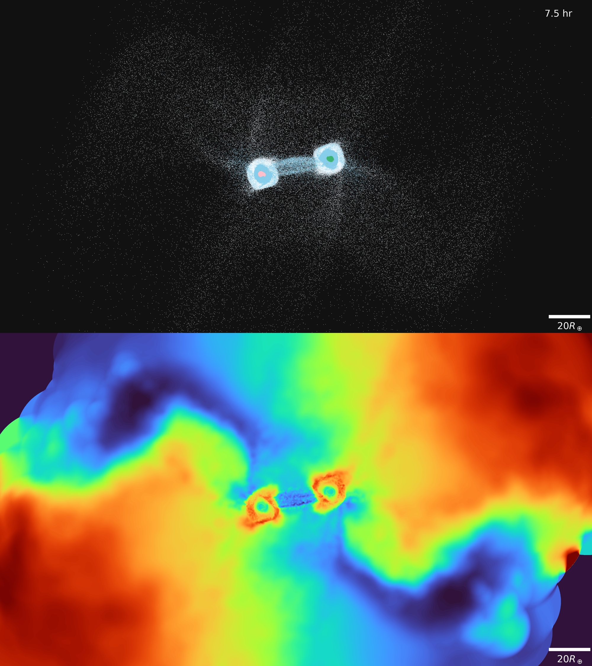 A computer simulations depict the possible appearance during the collision of two icy giant planets (Jingyao Dou/University of Bristol/PA)