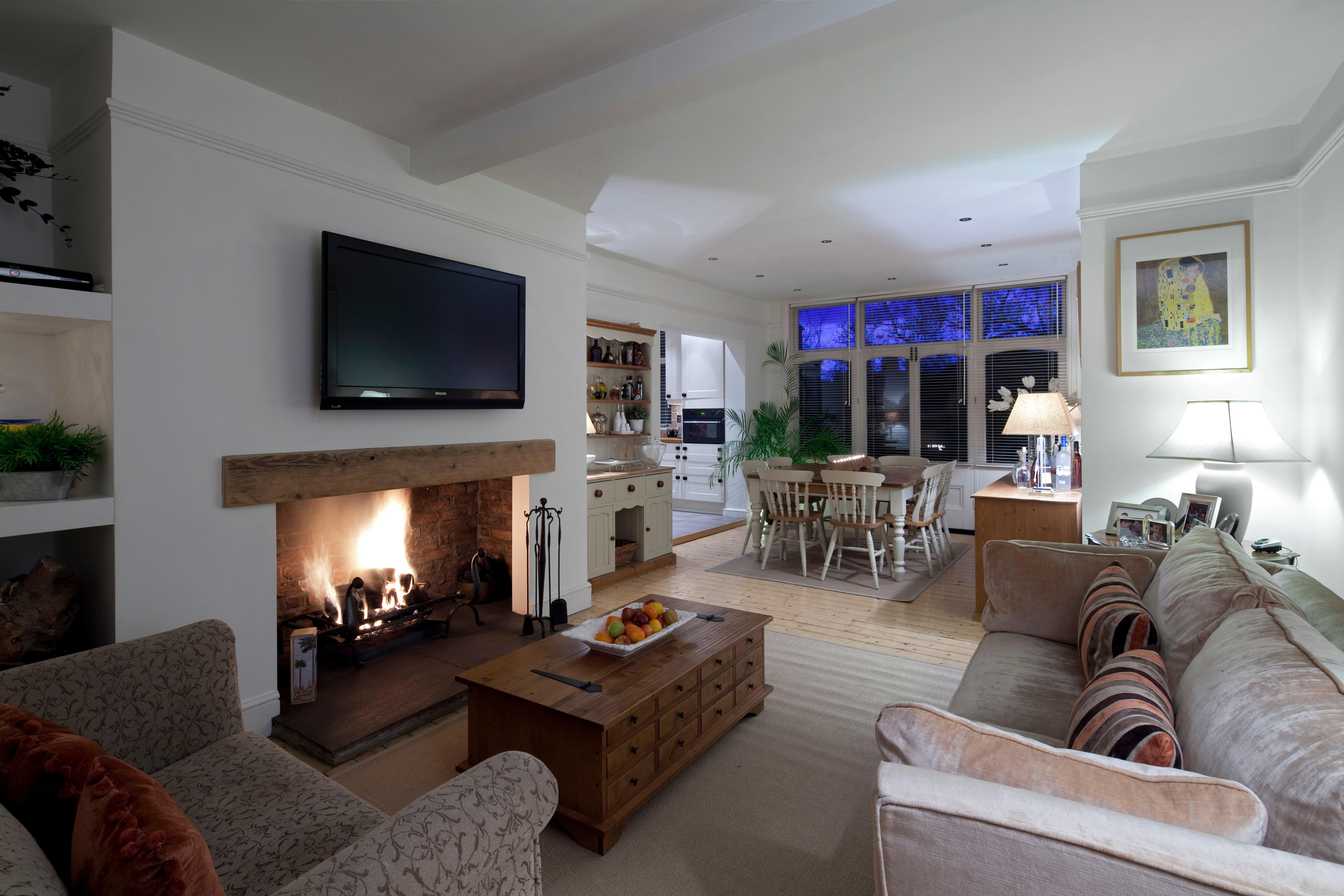 Open plan living room with ambient lighting