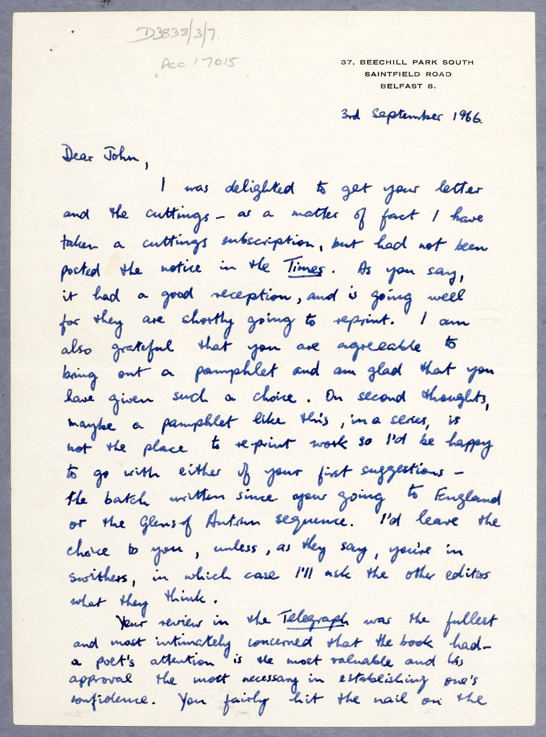 Letter from poet Seamus Heaney to go on display as part of historic ...