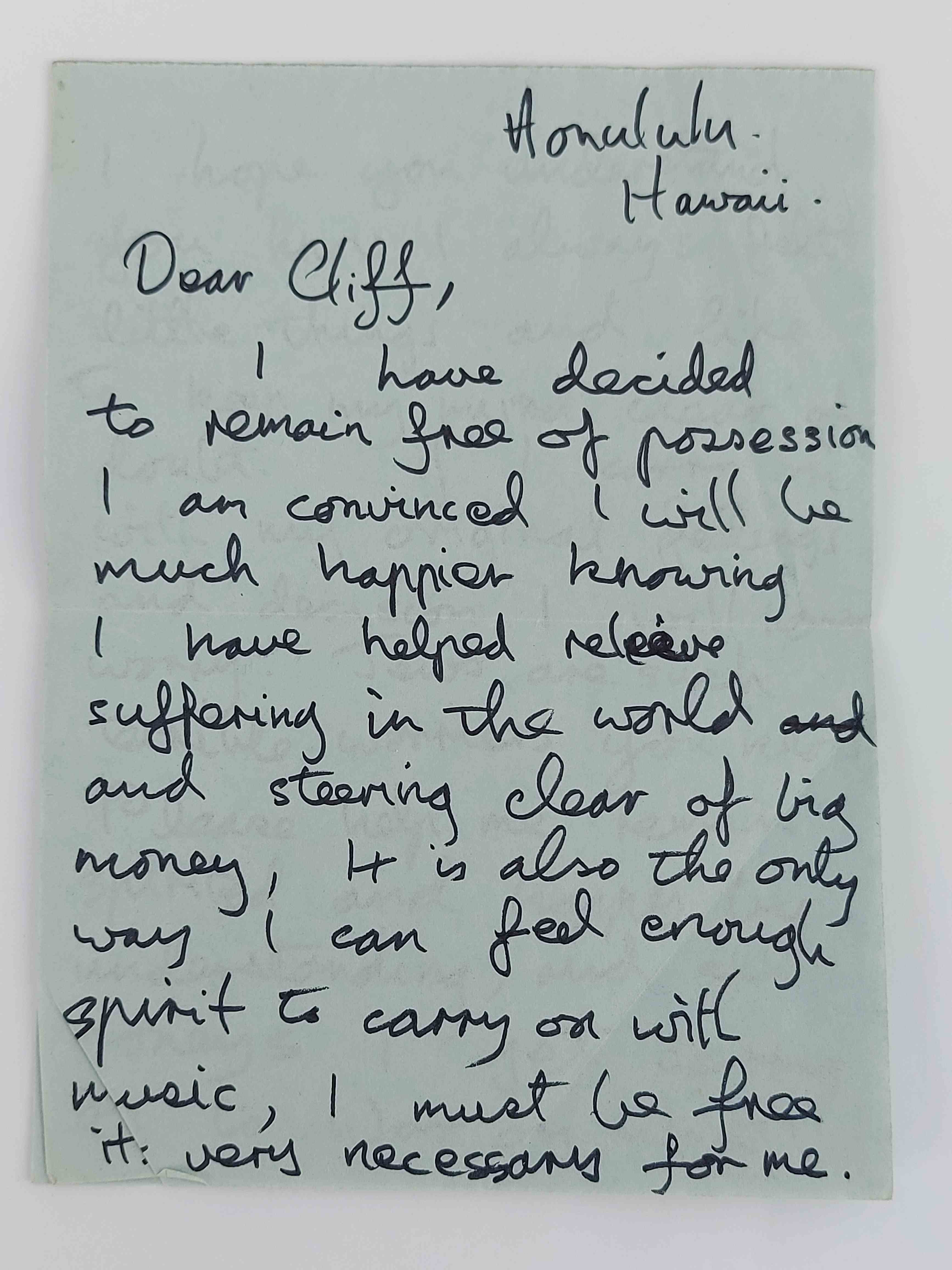 Peter Green's letter from Hawaii to Clifford Adams