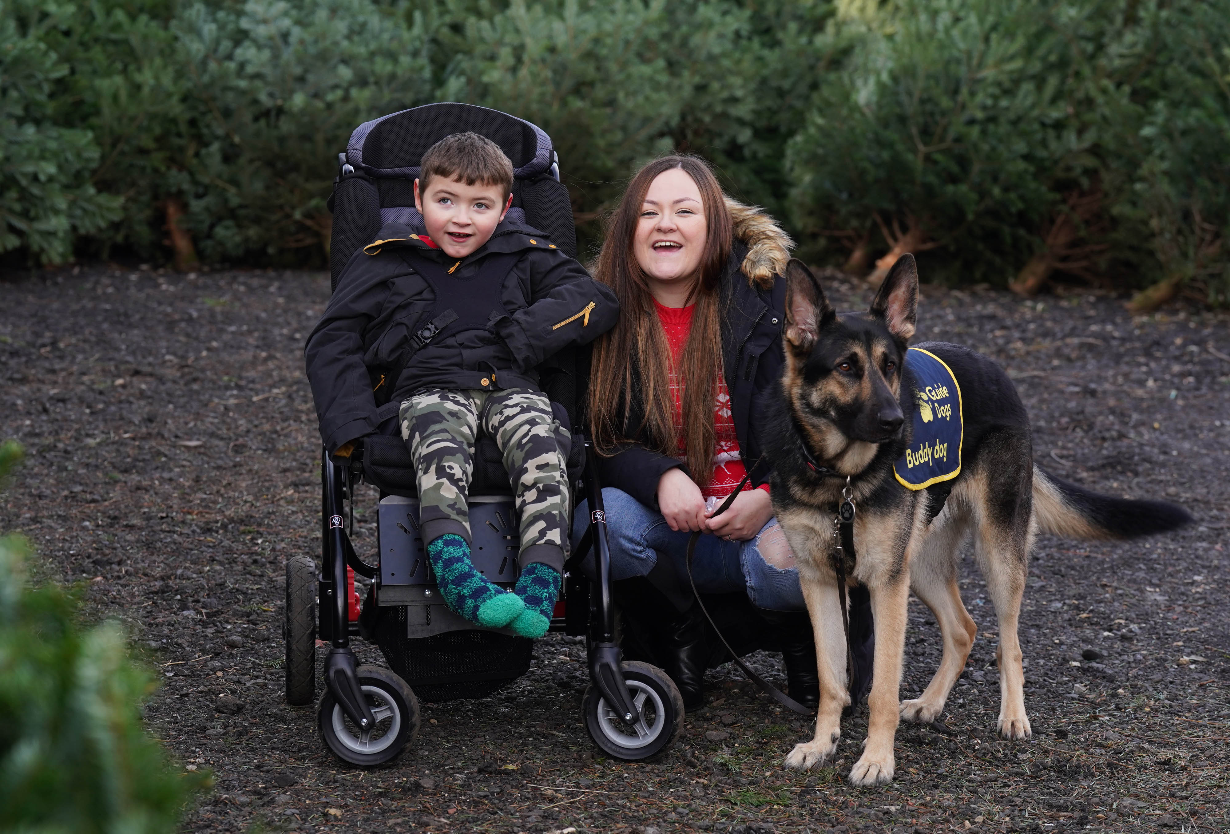 Woman, boy in wheelchair and dog posing together 