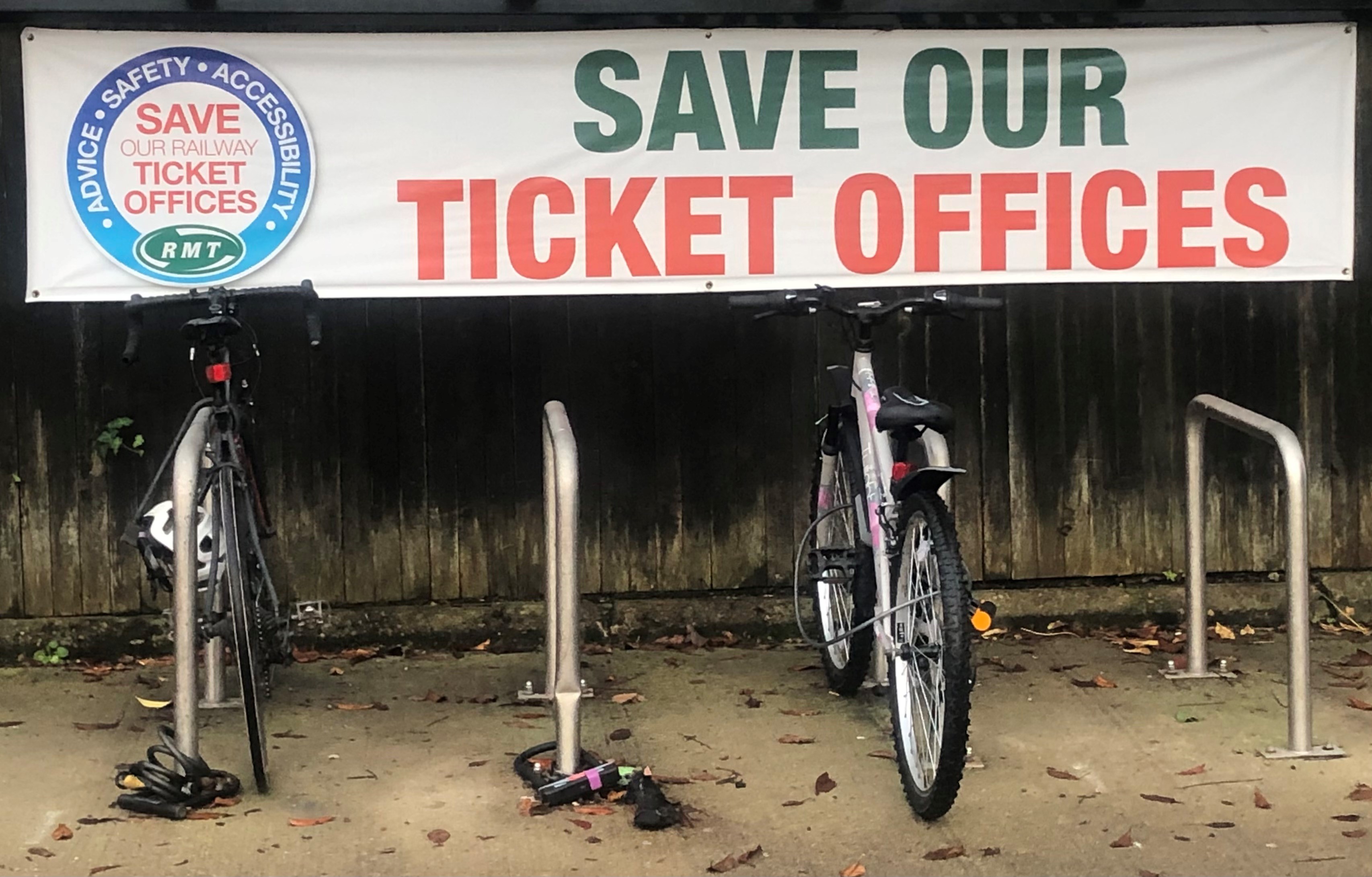 Ticket office closures protest banner