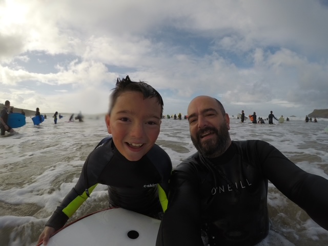 Barney and Darren surfing in Cornwall 