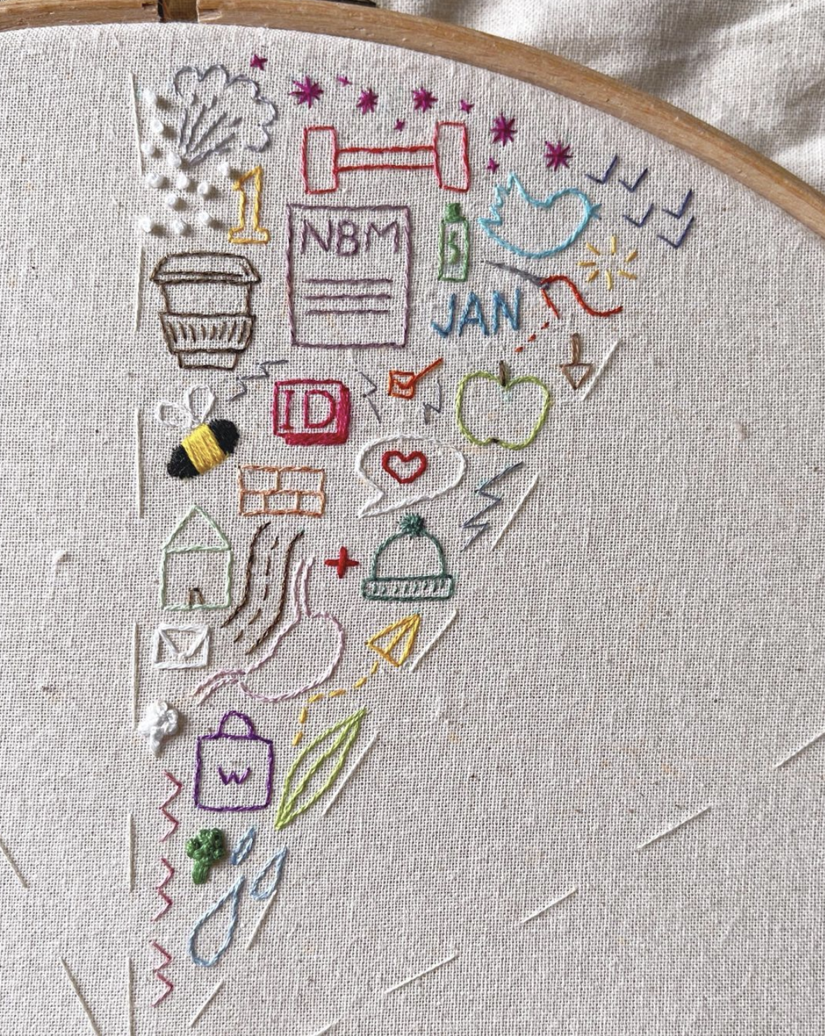 Writer completes embroidery journal documenting 2023 with stitched icons