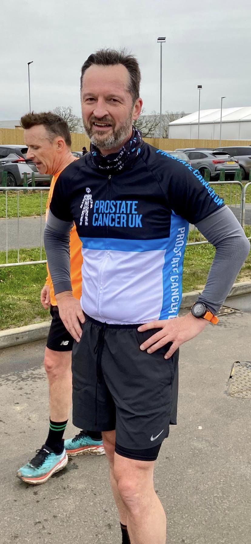 Man dressed in a Prostate Cancer UK sports shirt