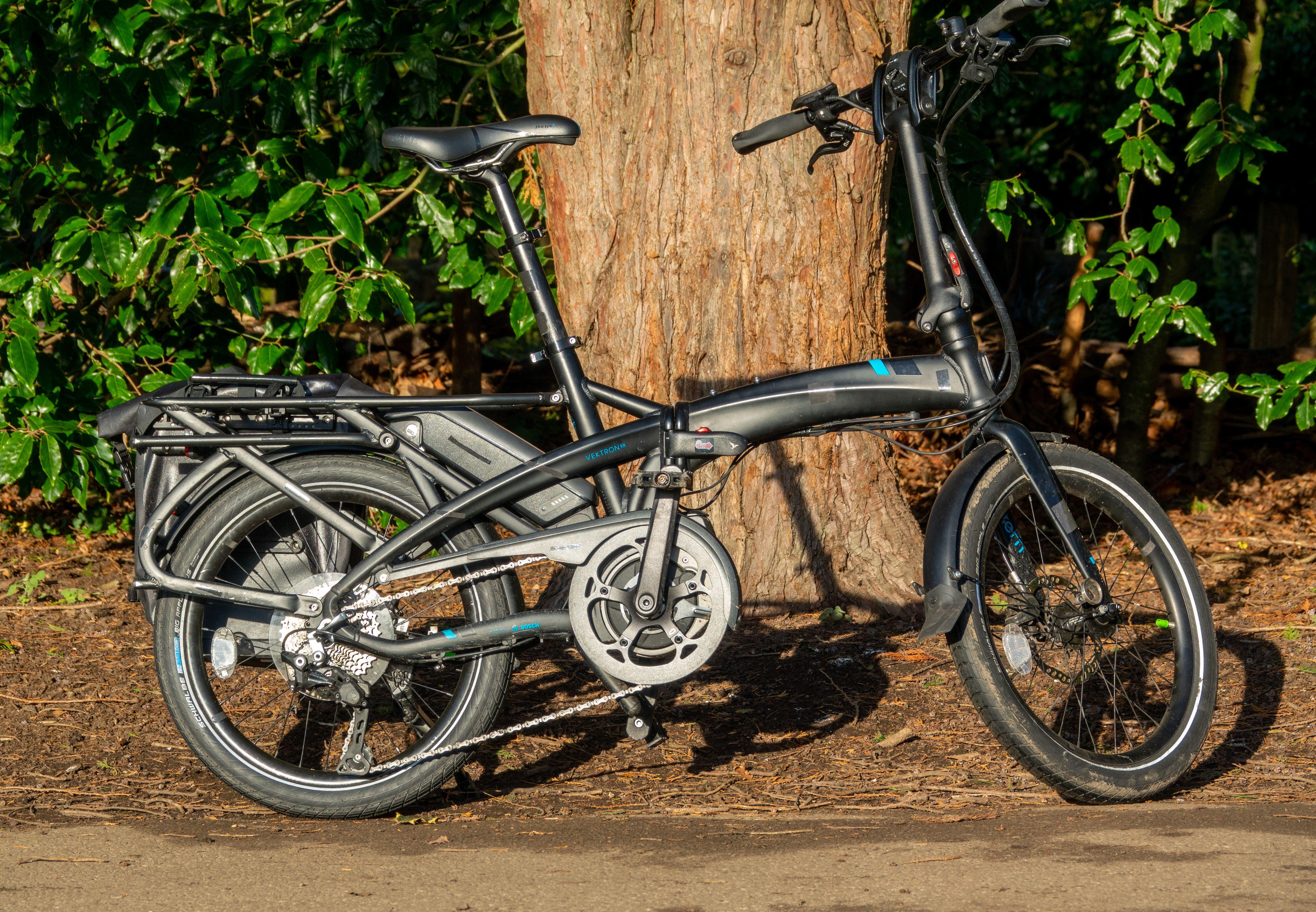 Electric ebike parked at the side of a road. Tern Vektron S10 model. e-bike with a Bosch motor and battery (Alamy/PA)