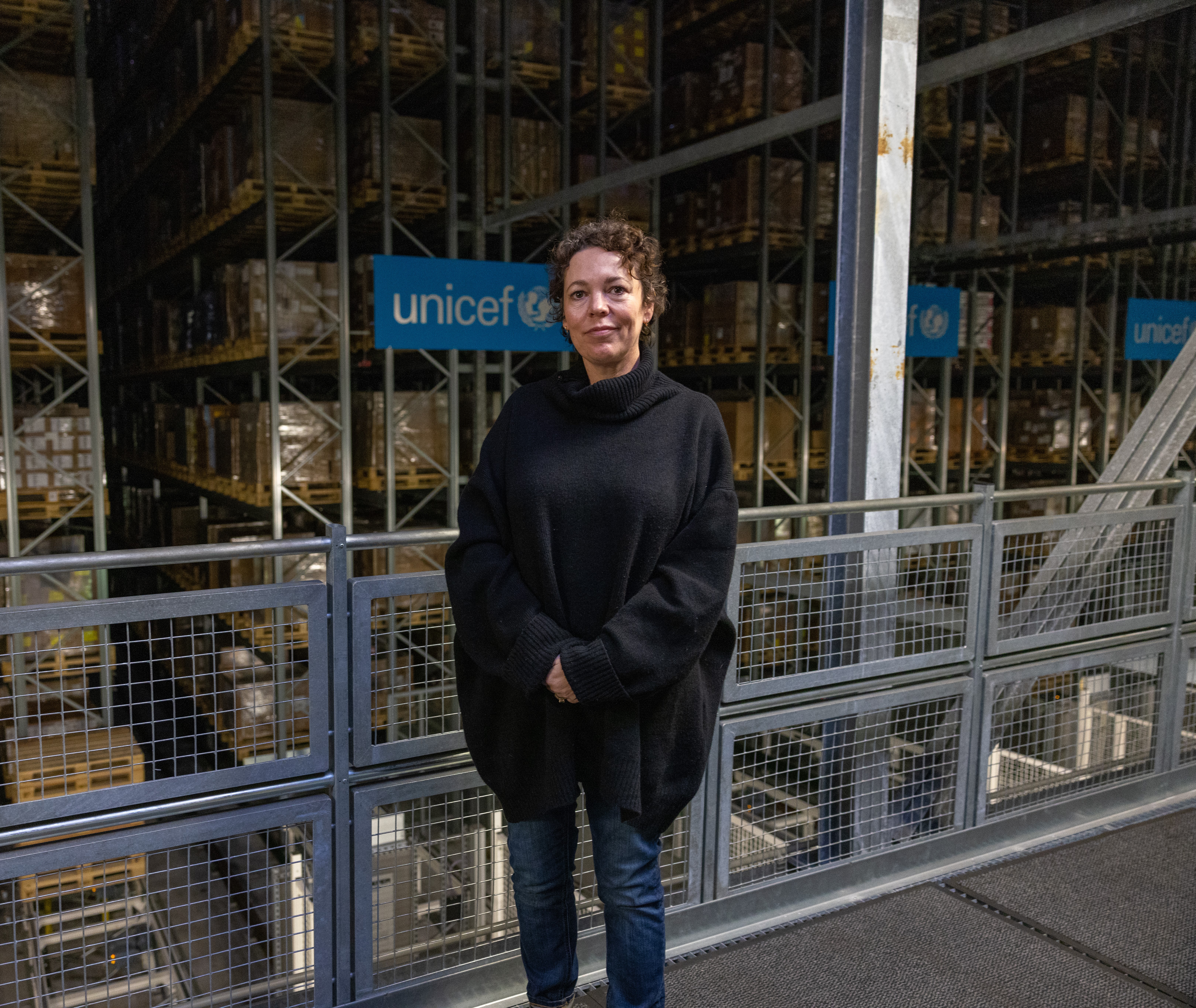 A photo of Olivia Colman at UNICEF's Global Humanitarian Supply Hub in Denmark