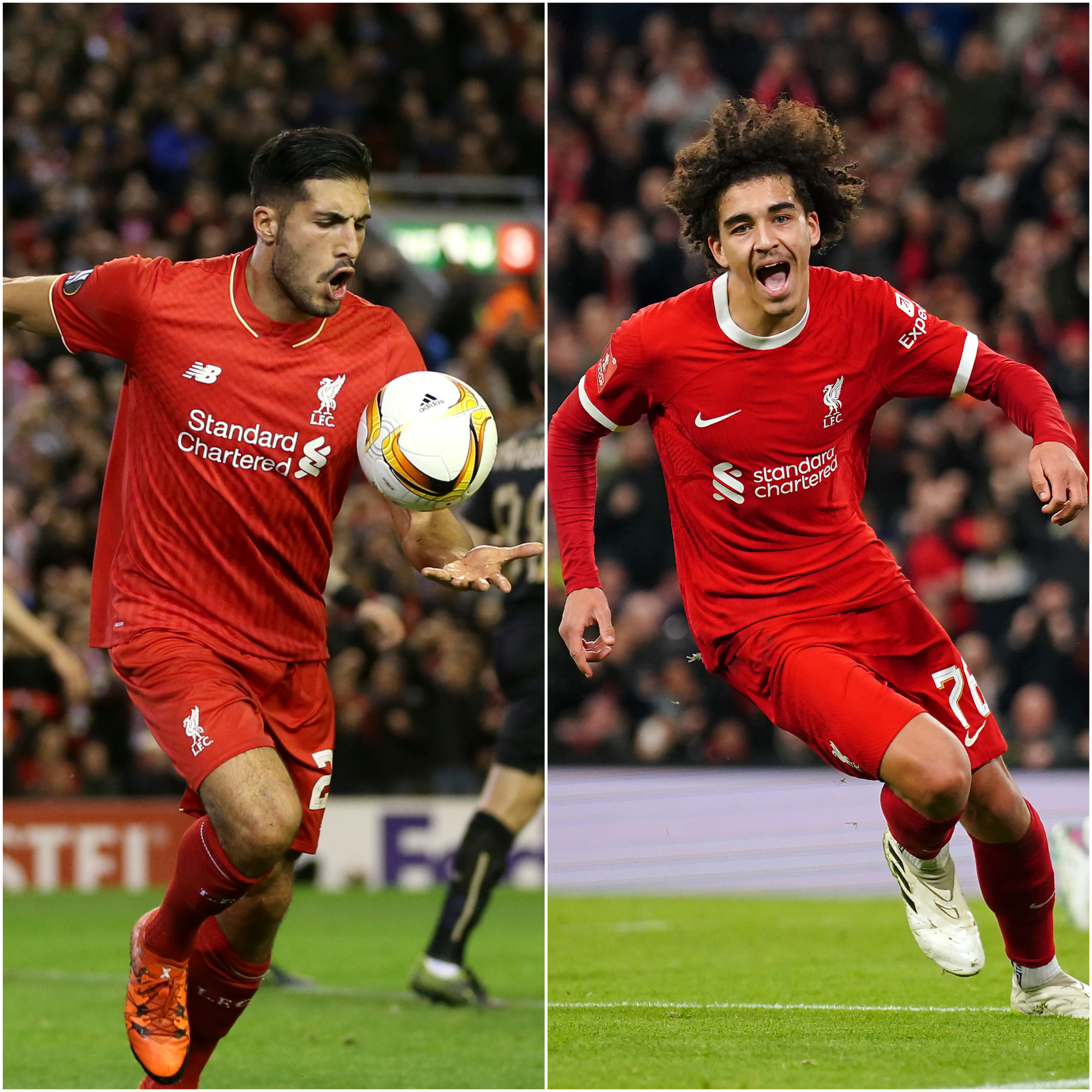Composite image of Emre Can, left, celebrating the first goal of Jurgen Klopp's reign and Jayden Danns, right, after his first for the club