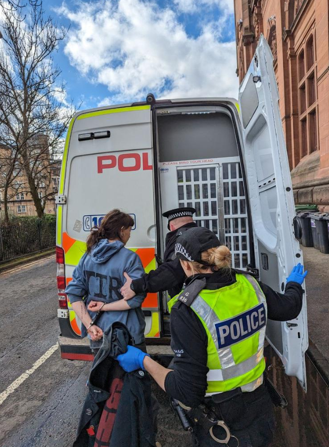 Woman going into police van