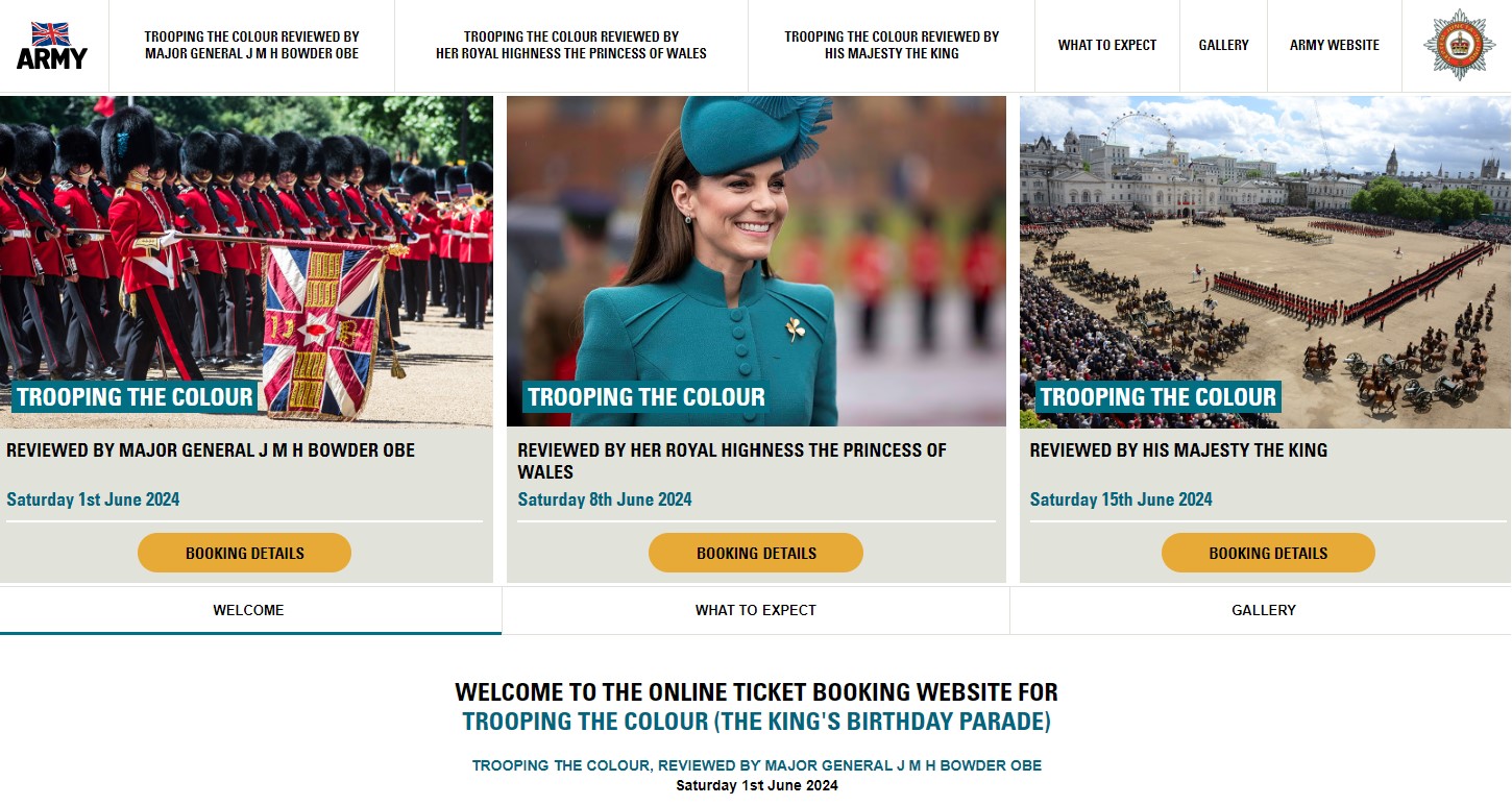 A screengrab from the Trooping The Colour ticket website on Tuesday night