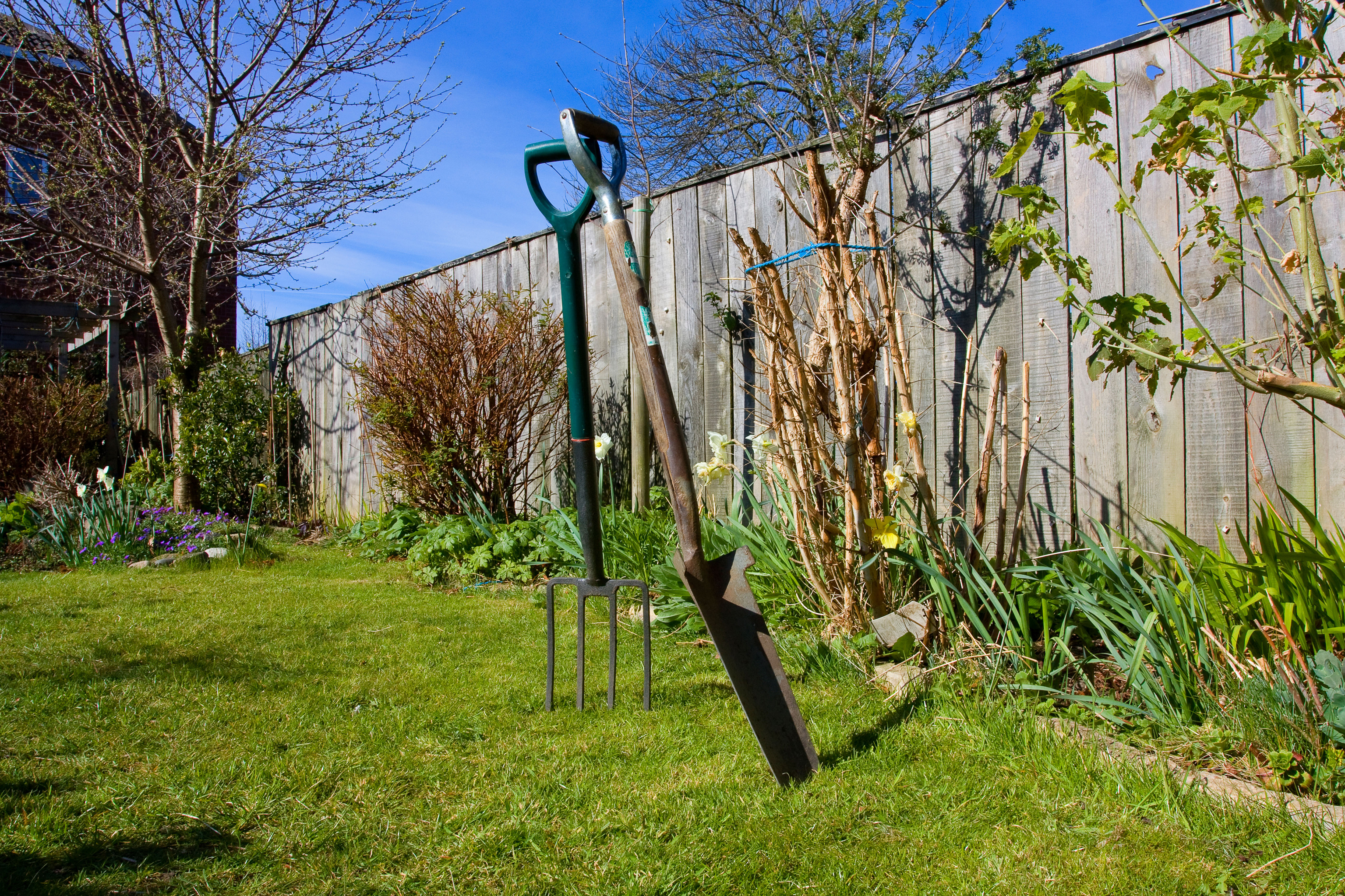 Gardening tools on grass in spring garden