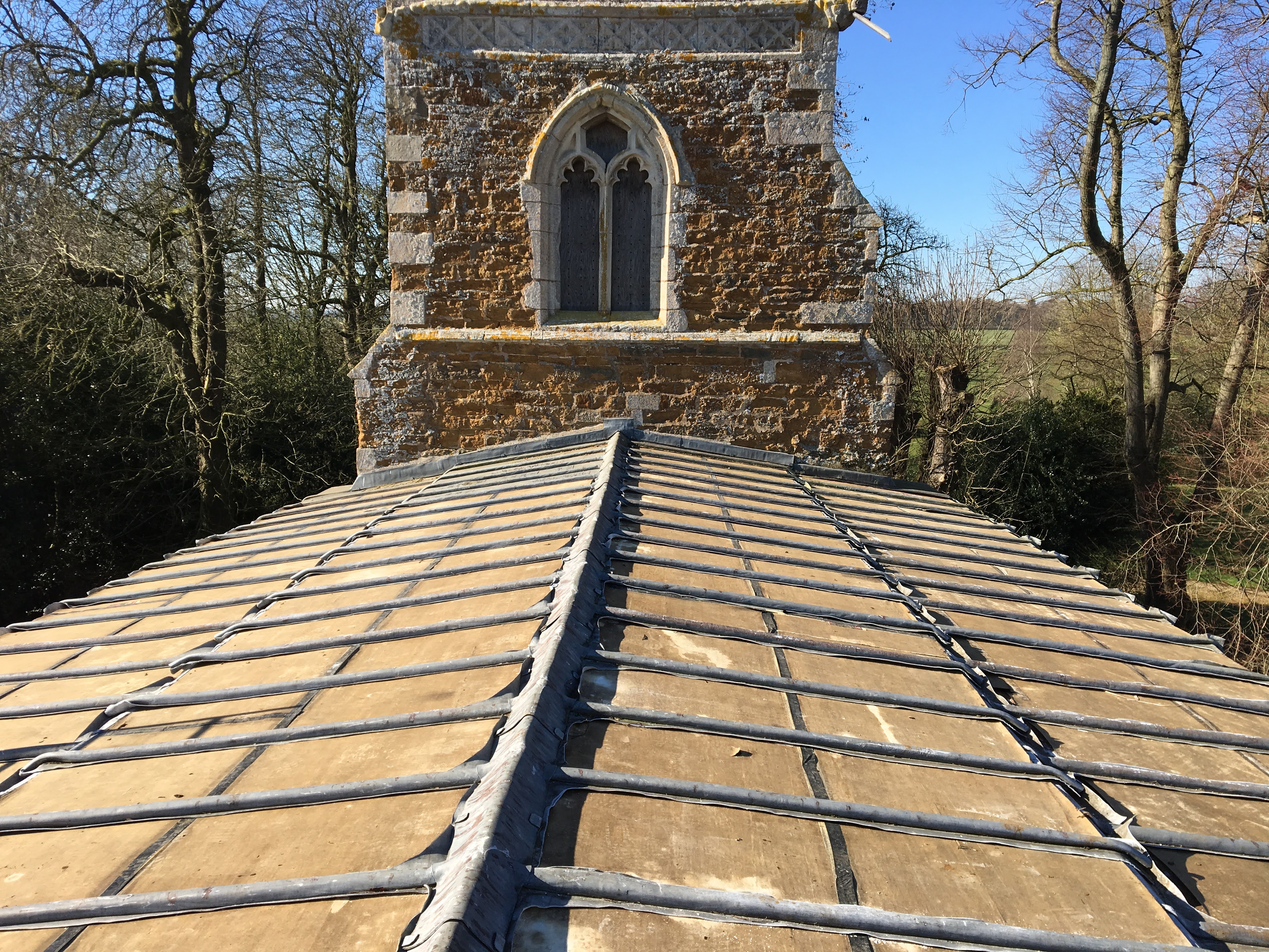 A church roof that has been stripped of lead in Leicestershire.