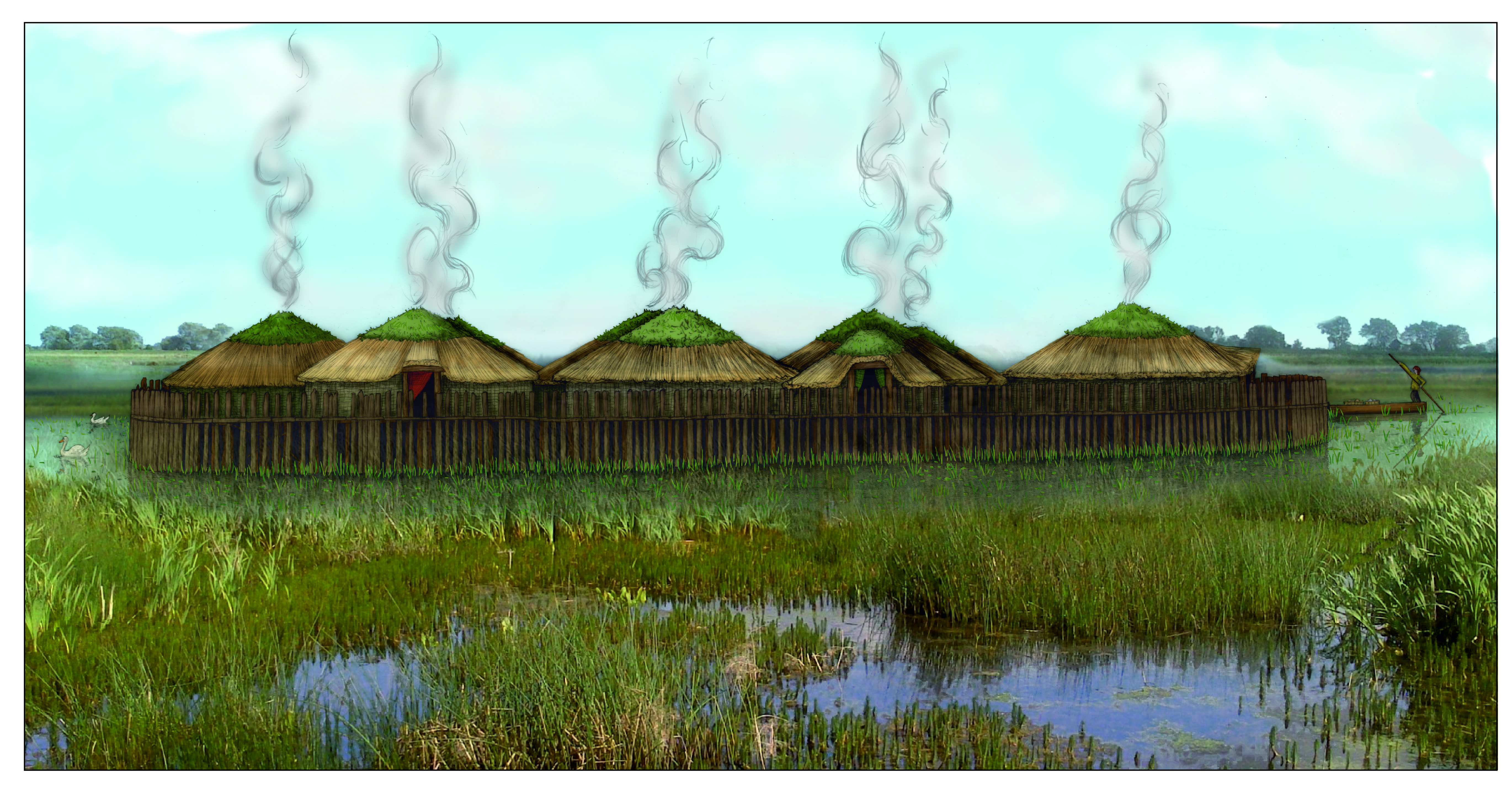 An artist's impression of what the circular wooden homes on stilts would have looked like. (Cambridge Archaeological Unit/ PA)